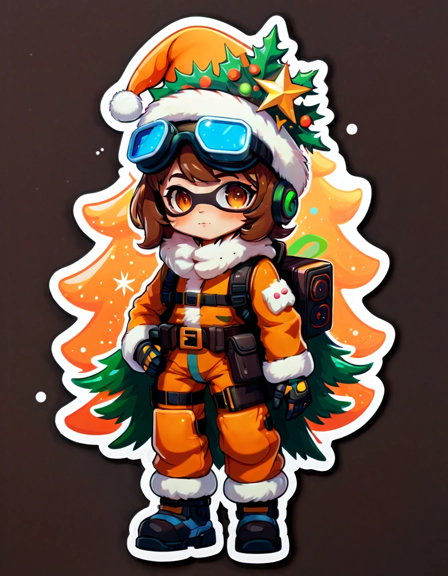 (((Stickers, Sticker)))，（Full body photo），1 transparent and cute Christmas tree，Transparent mech，Exquisite Christmas hat，Luminous goggles，cyber punk perssonage，Dreamy glow，(((Sticker，a sticker)))，Orange background