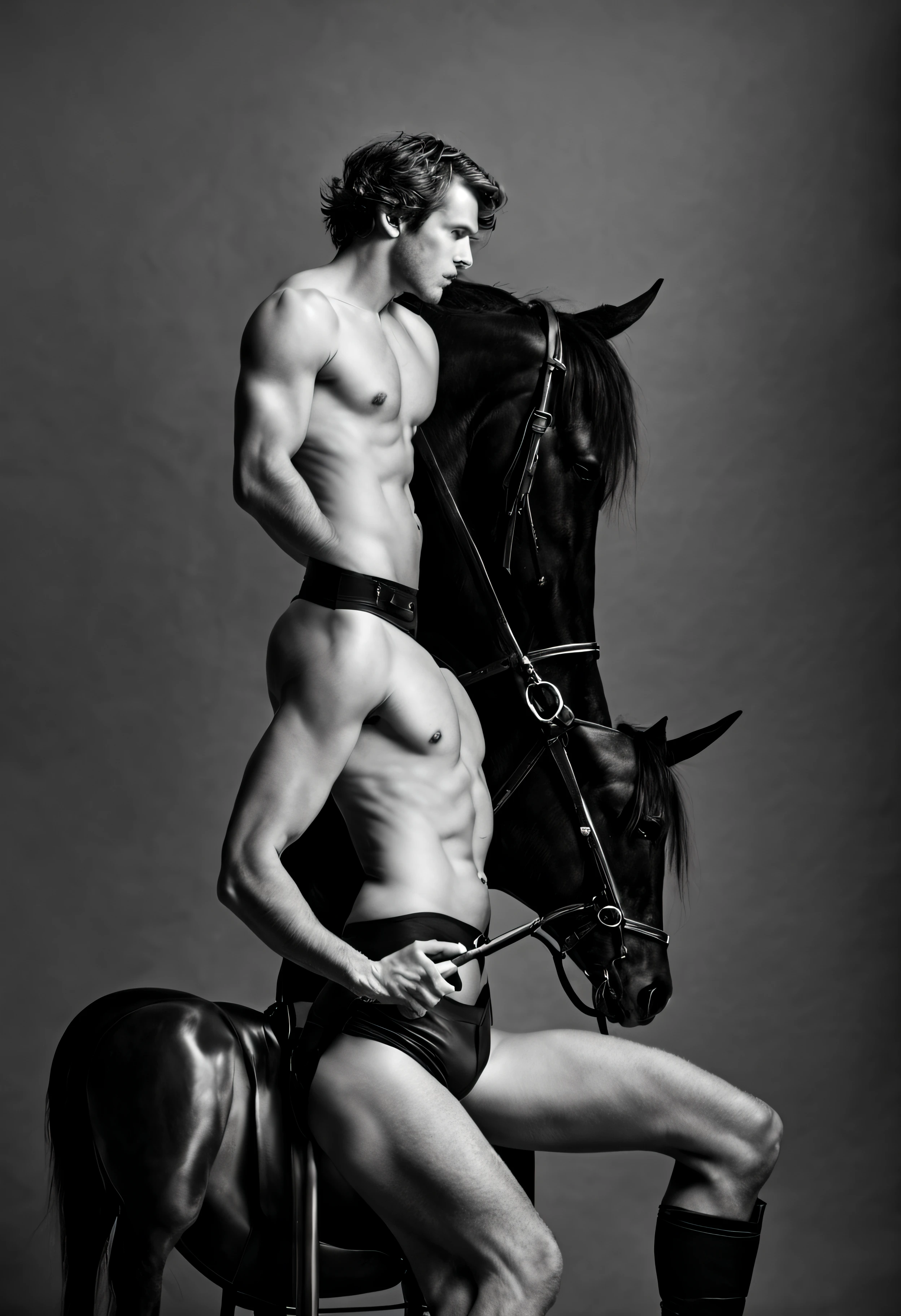 Black and white fashion photo of tall blonde undressed nude guy riding black horse. black leather boots only, bare skin