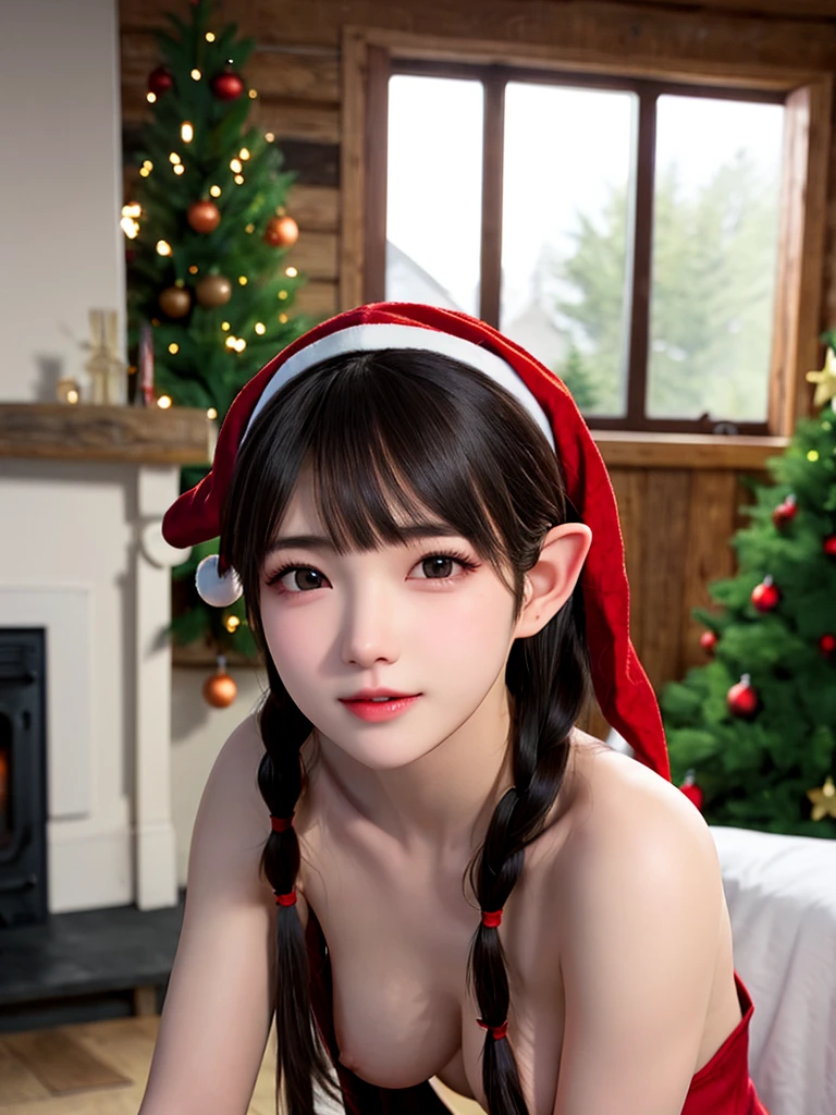 NSFW. ((Nude)), ((1girl)) elf woman with slightly pointed ears, black hair with bangs and two braids, wearing a red Santa hat, ((pubic hair)), trim fit physique, (elegant, beautiful face), (skin details), kpop, (very detailed face), brown eyes, (very detailed and expressive force eyes), smiling, legs spread, at night, in a medieval room by a Christmas tree and a blazing stone fireplace, classic illustration, Masterpiece