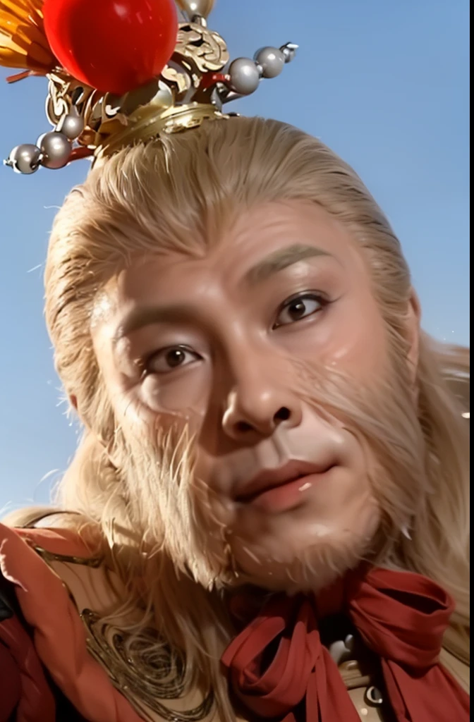 (daysies), white backgrounid,
attention,
Red and gold clothing,A red bow tied around the neck,
actual,the crown on his head,gyuru,
Blonde hair, long whitr hair, lbeard,
1 girl, 20 years,younger female,The beautiful Finger,The beautiful long legs,The beautiful body,The beautiful Nose,The beautiful character design, perfect eyes, perfect the face,Expressive eyes,Perfect balance,
((looking at viewert)),(Focus on her the face),Keep your mouth shut,
offcial art,extremely detaild的 CG unified 8k wallpapers, perfect litthing,Colorful, bright_frontage_the face_lamplight,Glossy glossy skin,
(tmasterpiece:1.0),(The best_quality:1.0), 超A high resolution,4K,ultra - detailed,
photography of, 8K, HighDynamicRange, A high resolution, absurd res:1.2, Cordas Portela 400, filmgrain, vague background, bokeh:1.2, lens flare glow, (A vibrant_colours:1.2),profesional photo,
(The beautiful,bigger_:1.4), (The beautiful_the face:1.5),(Narrow_waistup),