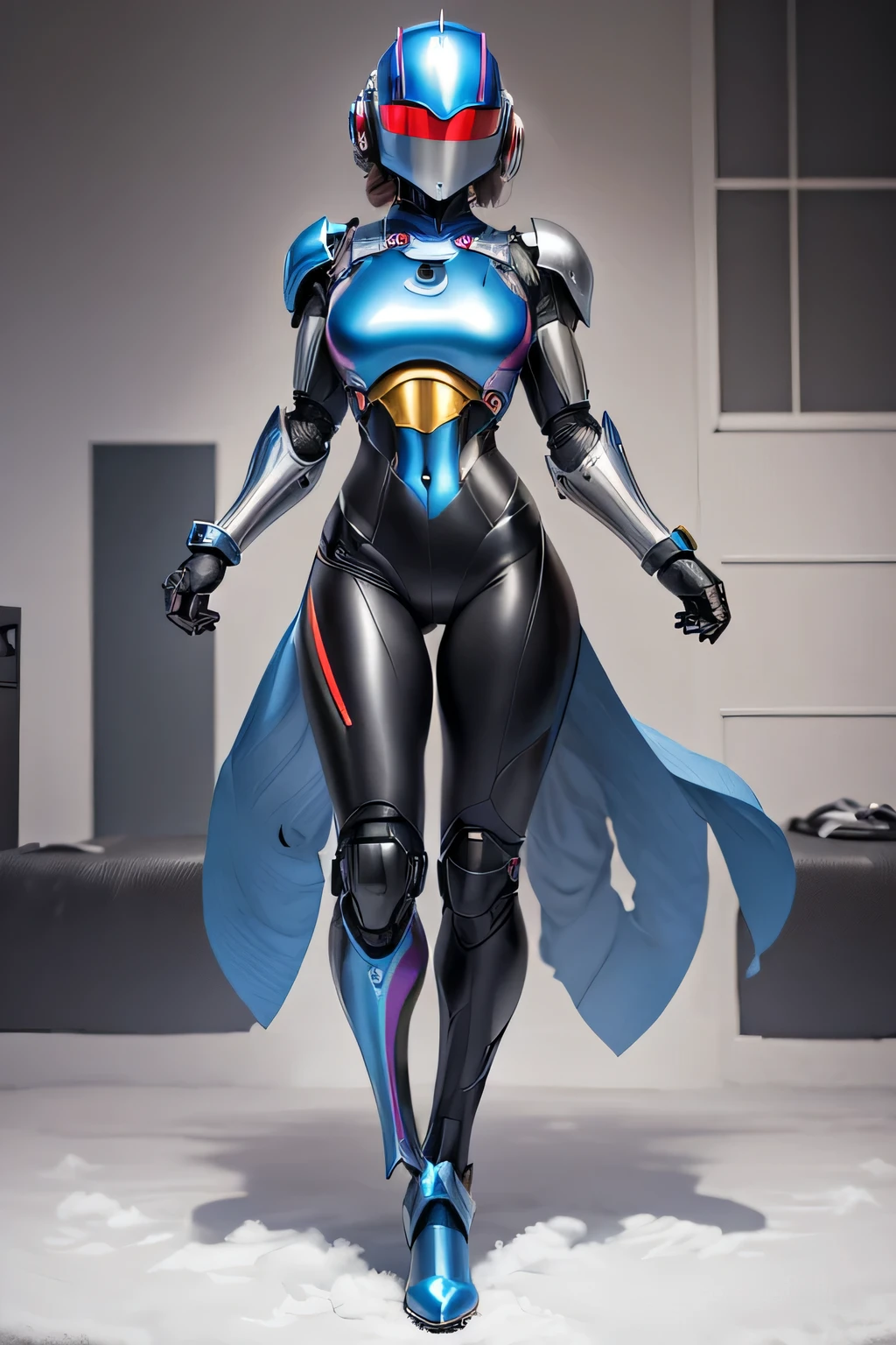 female robocop solo、Armor that completely covers the whole body、very large armor、Helmet to hide your eyes、Rainbow Armor、Armor that completely covers the chest、Slender and long legs、Vibrant Posel Body View