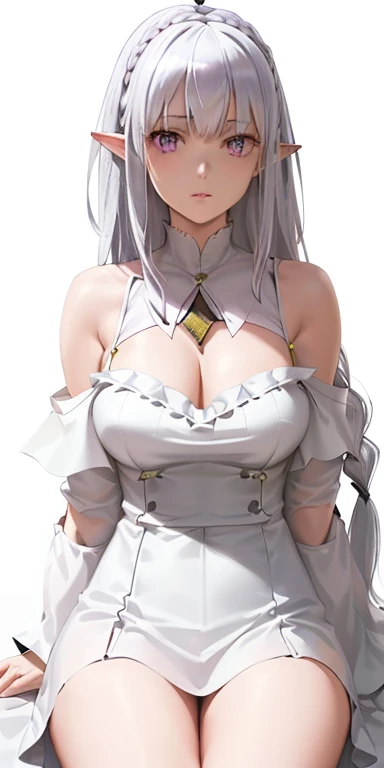 Best Quality,Highly detailed,masutepiece,Ultra-detailed,(Realistic:1.2), 1girl in,(white Background), Background,Delicate eyes,silver hair, Purple eyes,hair_ornament detached,(White off-shoulder shirt:1.3),long hair,spiky_Ears,diadems_braid,deadpan,Straight hair,(++Sitting:1.2), Large breasts,