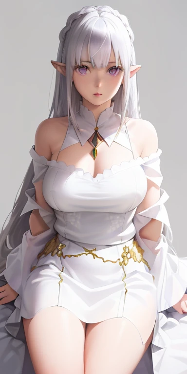 Best Quality,Highly detailed,masutepiece,Ultra-detailed,(Realistic:1.2), 1girl in,(white Background), Background,Delicate eyes,silver hair, Purple eyes,hair_ornament detached,(White off-shoulder shirt:1.3),long hair,spiky_Ears,diadems_braid,deadpan,Straight hair,(++Sitting:1.2), Large breasts,