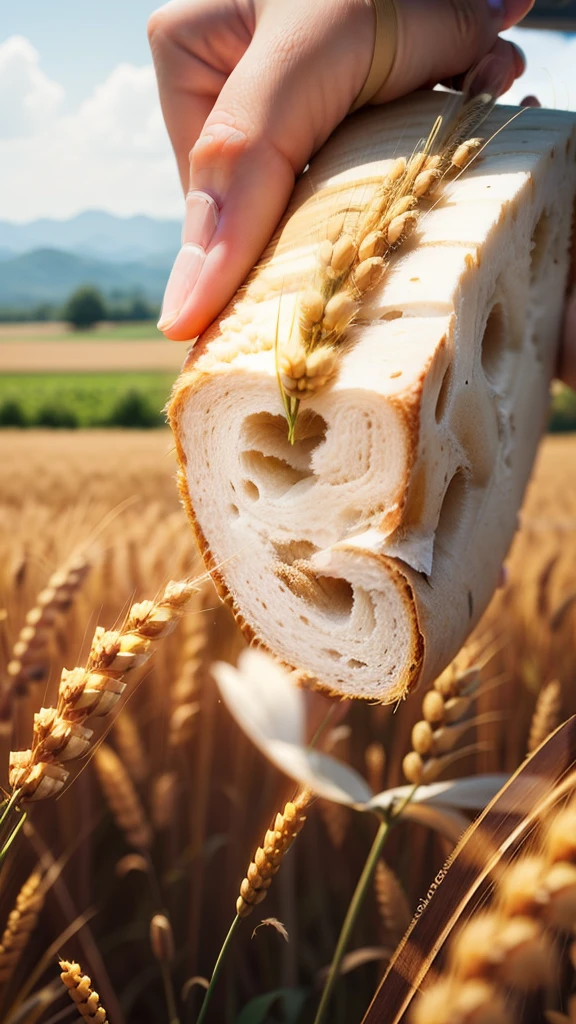 (wheat field),wheat,tmasterpiece,Best quality at best,wheat field,one hand holding bread,A large neat wheat field,Idyllic、wheat field ,Beautiful scenery,and the sun was shining brightly,clouds,sky sky,Asuka Mountain,peasant,real photograph,