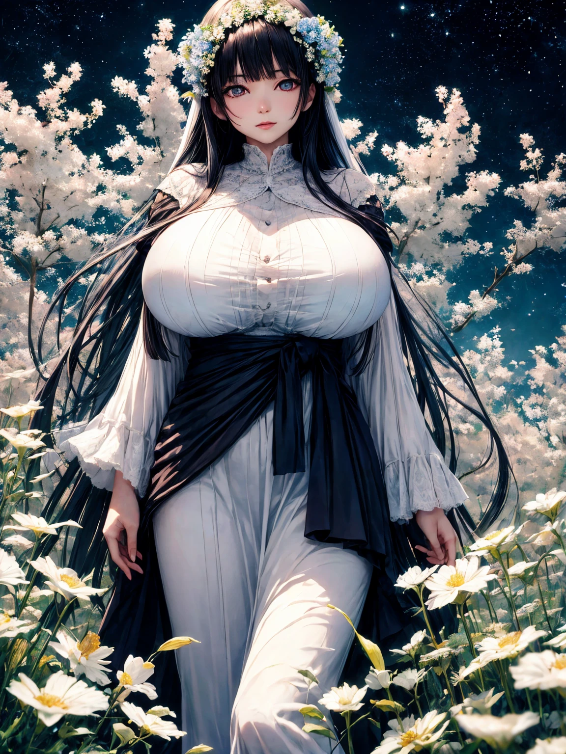 (absurd res, A high resolution, ultra - detailed, hyper HD, Cinematic), Alone, 1个Giant Breast Girl, mature, Happy, (huge breasts:1.5),girl standing in light blues flower field, light blues flower petal surrounding girl, full bodyesbian, Blue long-haired girl, light blues hair, fanciful, dream-like, Snowy Land, offcial art, trending art, contours, ultra - detailed face, ultra - detailed eyes, light blues flower field, ultra - detailed field, The white blue sky, Cold, light blues, The white,  Nebula in the sky, blue tree, aquarelle, pastel colour