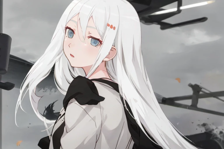 1girl in，long head of hair，White hair，Looking back