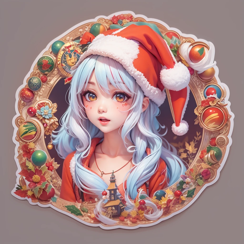 (a sticker,),(3D anime santa hat girl),bright colored hair,Slim, ellegance, There is also a touch of mystery.(In circlerown background), (Christmas border)，, ultra - detailed, Detailed diagram, vectorized, 8K, 专业a sticker设计, Graphic design, vector lines, a sticker, Full-HD