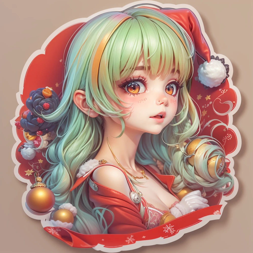 (a sticker,),(3D anime santa hat girl),bright colored hair,Slim, ellegance, There is also a touch of mystery.(In circlerown background), (Christmas border)，, ultra - detailed, Detailed diagram, vectorized, 8K, 专业a sticker设计, Graphic design, vector lines, a sticker, Full-HD