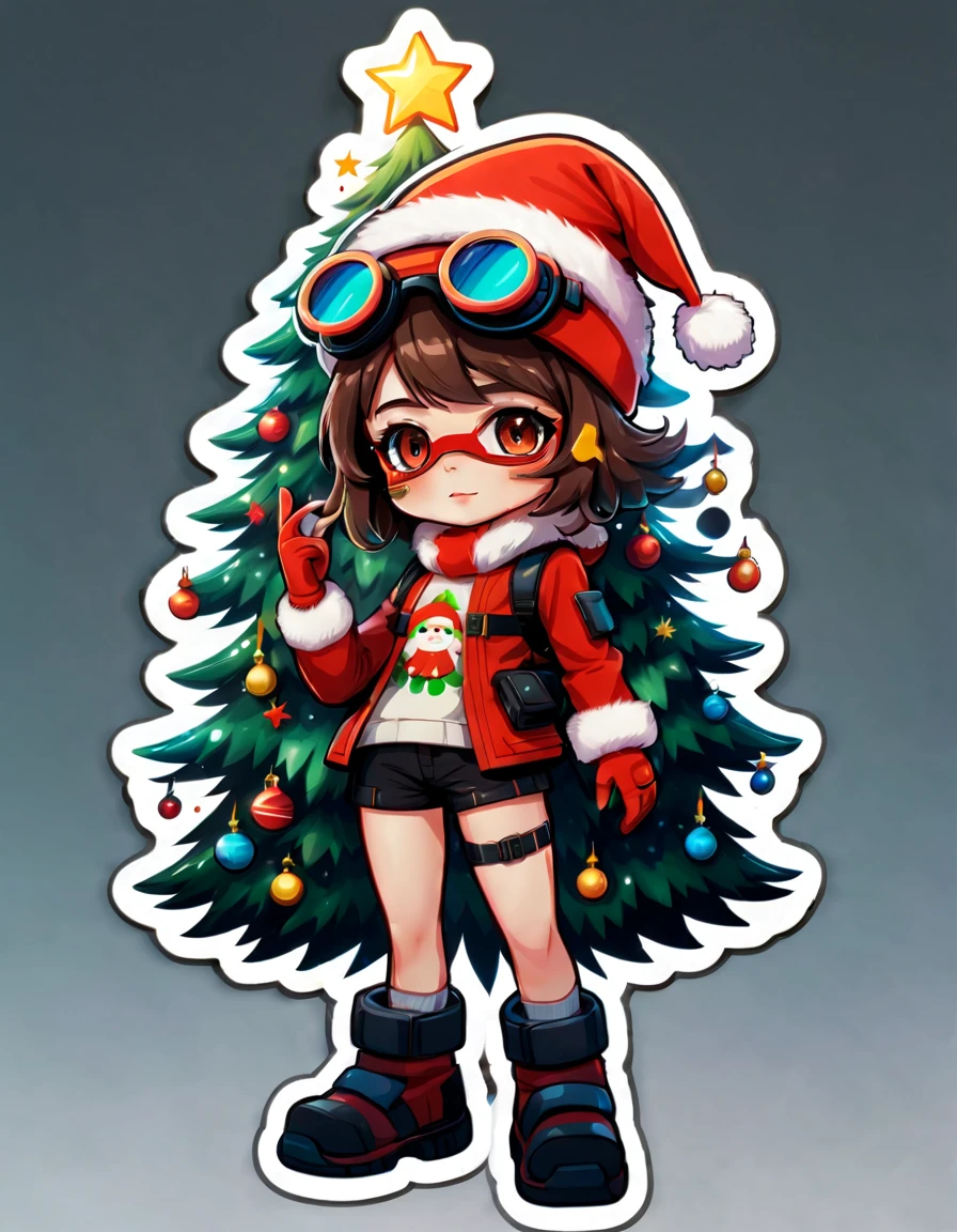 (((Stickers, Sticker))),(Full body photo),1 transparent and cute Christmas tree,Transparent mech,Exquisite Christmas hat,Luminous goggles,cyber punk perssonage,Dreamy glow,(((Sticker,a sticker))),fundo vermelho