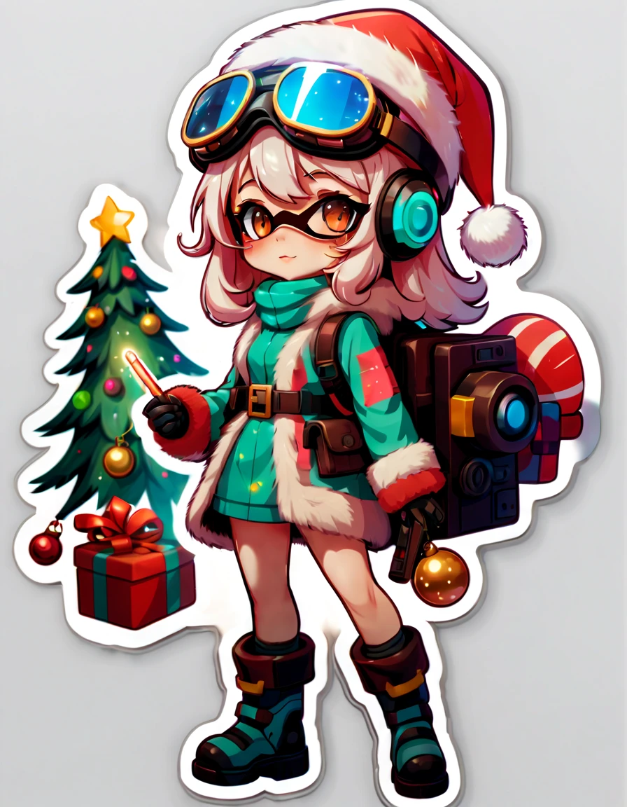 (((Stickers, Sticker))),(Full body photo),1 transparent and cute Christmas tree,Transparent mech,Exquisite Christmas hat,Luminous goggles,cyber punk perssonage,Dreamy glow,(((Sticker,a sticker))),fundo vermelho