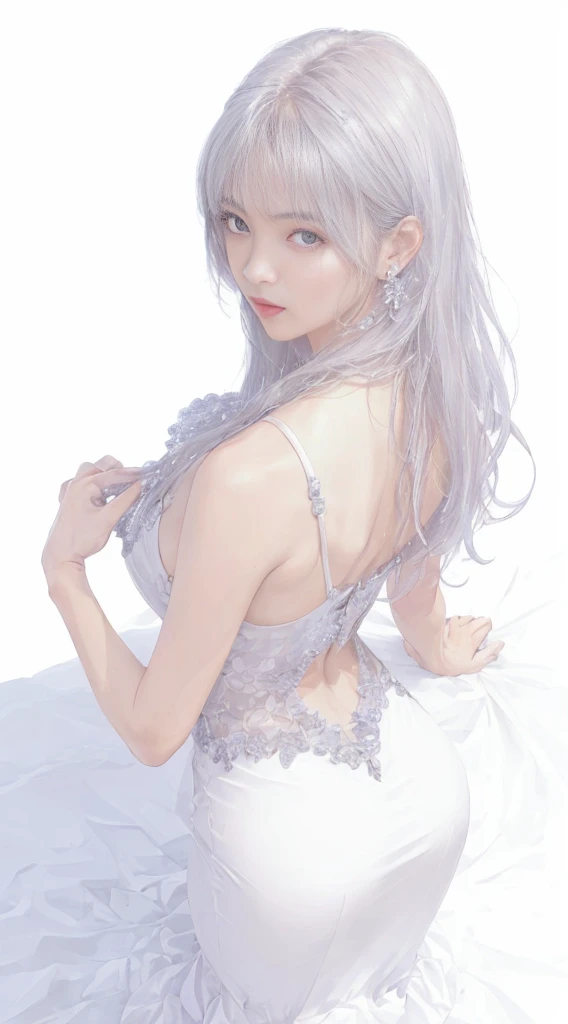 1 beautiful girl、Solo、From diagonally above、Realistic、Good anatomy，detailed beautiful faces、Skin Texture、Middle chest、white  hair、bearing、Silver long dress、Sparkling flared hem、goddes