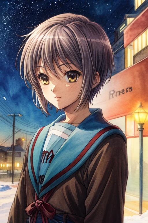 radiance, soft contours,
1girl, watercolor, kyoani haruhi style, Nagato Yuki, short hair, snow, half body portrait, pastel colors, ink, cold winter lights, watercolor background