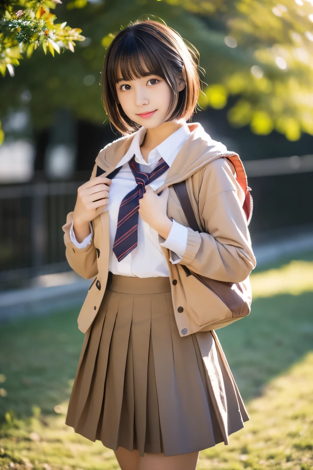 (((masterpiece))), (One beautiful Japan girl, classmates, landscape and innocence,kawaii) ,超A high resolution, Realistic, ultra-detailliert, 8K,top-quality, Extremely detailed, Detailed background,A slender,very beautiful japanese girl, Detailed face:1.3), (Boyish short-haired,A dark-haired :1.4), (a baby face,kawaii系,adorable 14 year old girl), (Perfect body:1.1), (Brown blazer, Light brown pleated mini skirt), A charming expression,Super Detailed Face、Detailed lips、A detailed eye、small gravure idol,Transparent skin、Lori,Japanese high school uniform with the school emblem on the chest,Carrying a backpack,Photorealsitic, 8k full-length portraits, TOKYOcty, Winters, 背景にTOKYOcty駅