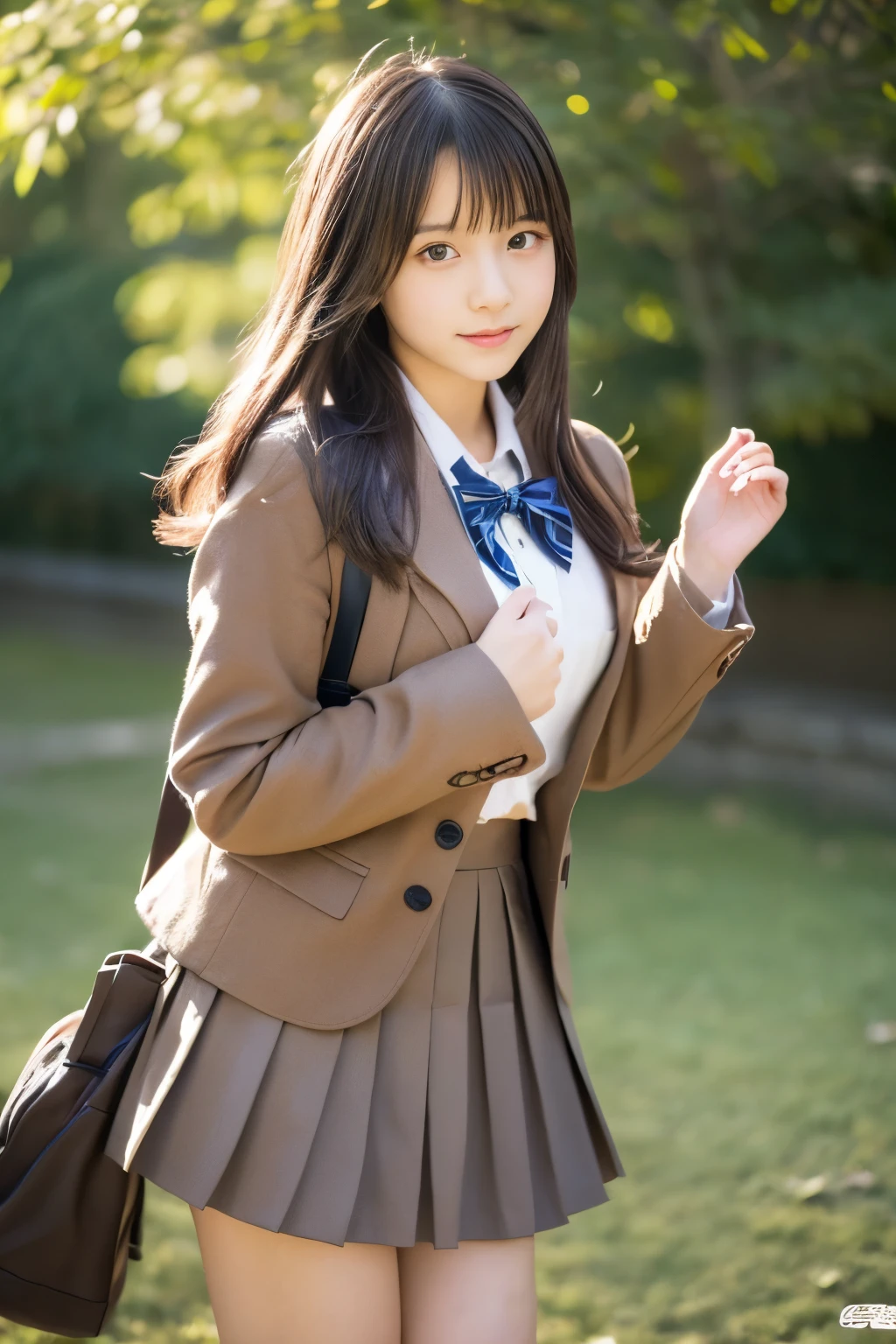 (((masterpiece))), (One beautiful Japan girl, classmates, landscape and innocence,kawaii) ,超A high resolution, Realistic, ultra-detailliert, 8K,top-quality, Extremely detailed, Detailed background,A slender,very beautiful japanese girl, Detailed face:1.3), (Boyish short-haired,A dark-haired :1.4), (a ,kawaii系,adorable 14 year oPerfect body:1.1), (Brown blazer, Light brown pleated mini skirt), kawaii表情,Super Detailed Face、Detailed lips、A detailed eye、small gravure idol,Transparent skin、Lori,Japanese high school uniform with the school emblem on the chest,Carrying a backpack,Photorealsitic, 8k full-length portraits, TOKYOcty, Winters, 背景に夜のTOKYOctyタワー