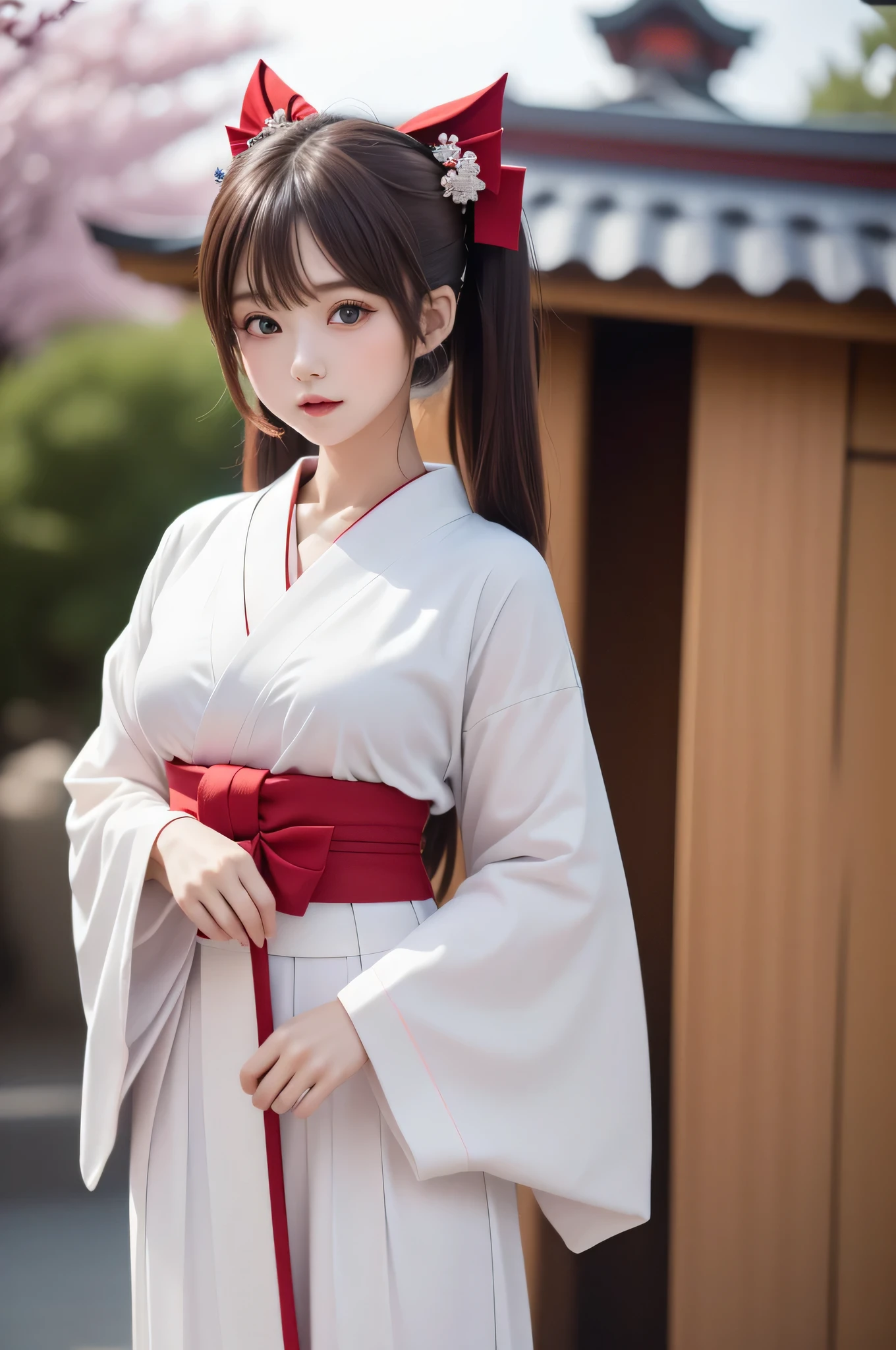 ((2girls)), ((Best Quality)), (Ultra-detailed), (extremely detailed CG unified 8k wallpaper), Highly detailed, High-definition raw color photos, Professional Photography, (Twin-tailed), Brown hair, Amazing face and eyes, Pink eyes, (amazingly beautiful girl), (shrine maiden), (Japanese style shrine maiden costume, White haori, Red Hakama:1.2), (((Bokeh))), depth of fields,