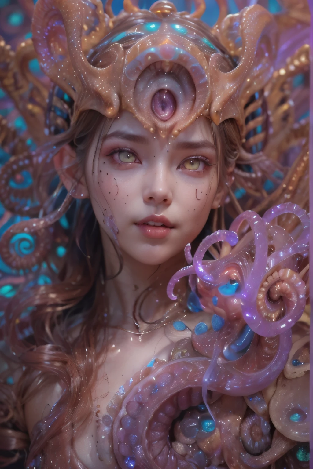Portrait, (beautiful female alien:1.2), (There is a female genital-like organ in the middle of the forehead:1.8), (The most beautiful face in the history of the universe:1.2), (glowing scarlet eyes:1.6), (translucent pale skin:1.8), an evil gaze that seduces , (red eyes:1.5), Full body like, (sexypose:1.5), alien, No humans, cells are fused, (Lots of translucent Blue tentacles:1.1), extraterrestrial, cell, bio image, (zentangle, mandala, tangle, entangle:0.98),(fractal art:0.9)(fluttered detailed color splashes:1.1),(marbling:1.1), (vulgarity:1.15), (sexy:1.4), sweet breath, humid, ((ecstasy:1.6)), Best Quality, 8K,4K_quality, High Definition, Dramatic Lighting, masutepiece:1.5,cinematic quality, detail up, (Intricate details:1.2), High resolution, High Definition, drawing faithfully, (Thick eyebrows:1.2), Beautiful eyes with fine symmetry, (Highly detailed face and eyes:1.2), (High-resolution red-eye:1.4), Intimate face, (Super detailed skin quality feeling:1.4), Perfect Anatomy, (Beautiful toned body:1.5), (Moist skin:1.2), No makeup, (dark circles:1.1), long canines, cinematic drawing of characters, ultra high quality model, cinematic quality, detail up, (Intricate details:1.2), High resolution, High Definition, drawing faithfully, Official art, Unity 8K wall , 8K Portrait, Best Quality, Very High resolution, ultra detailed artistic photography, midnight aura, unreal engine 5, Ultra Sharp Focus, art by alberto seveso, ArtGerm, Roisch, intricate artwork, Medusa, best quality, masterpiece, ultra High resolution, (photos realistic:1.4), Ultra-realistic realism, dream-like, nautilus, Creation of fantasy, Snail, Dream Snail, (biopunk nautilus:1.4), Thrilling color schemes, Ultra-realistic realism, seductively smiling, Blue tentacles