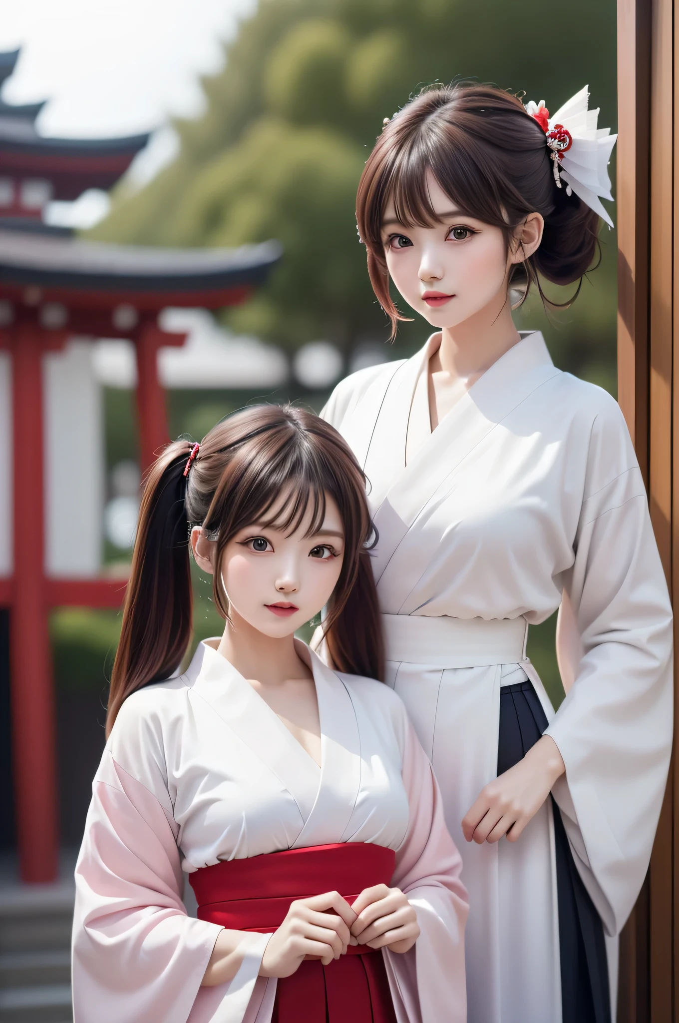 ((2girls)), ((Best Quality)), (Ultra-detailed), (extremely detailed CG unified 8k wallpaper), Highly detailed, High-definition raw color photos, Professional Photography, (Twin-tailed), Brown hair, Amazing face and eyes, Pink eyes, (amazingly beautiful girl), (shrine maiden), (Japanese style shrine maiden costume, White haori, Red Hakama:1.2), (((Bokeh))), depth of fields,