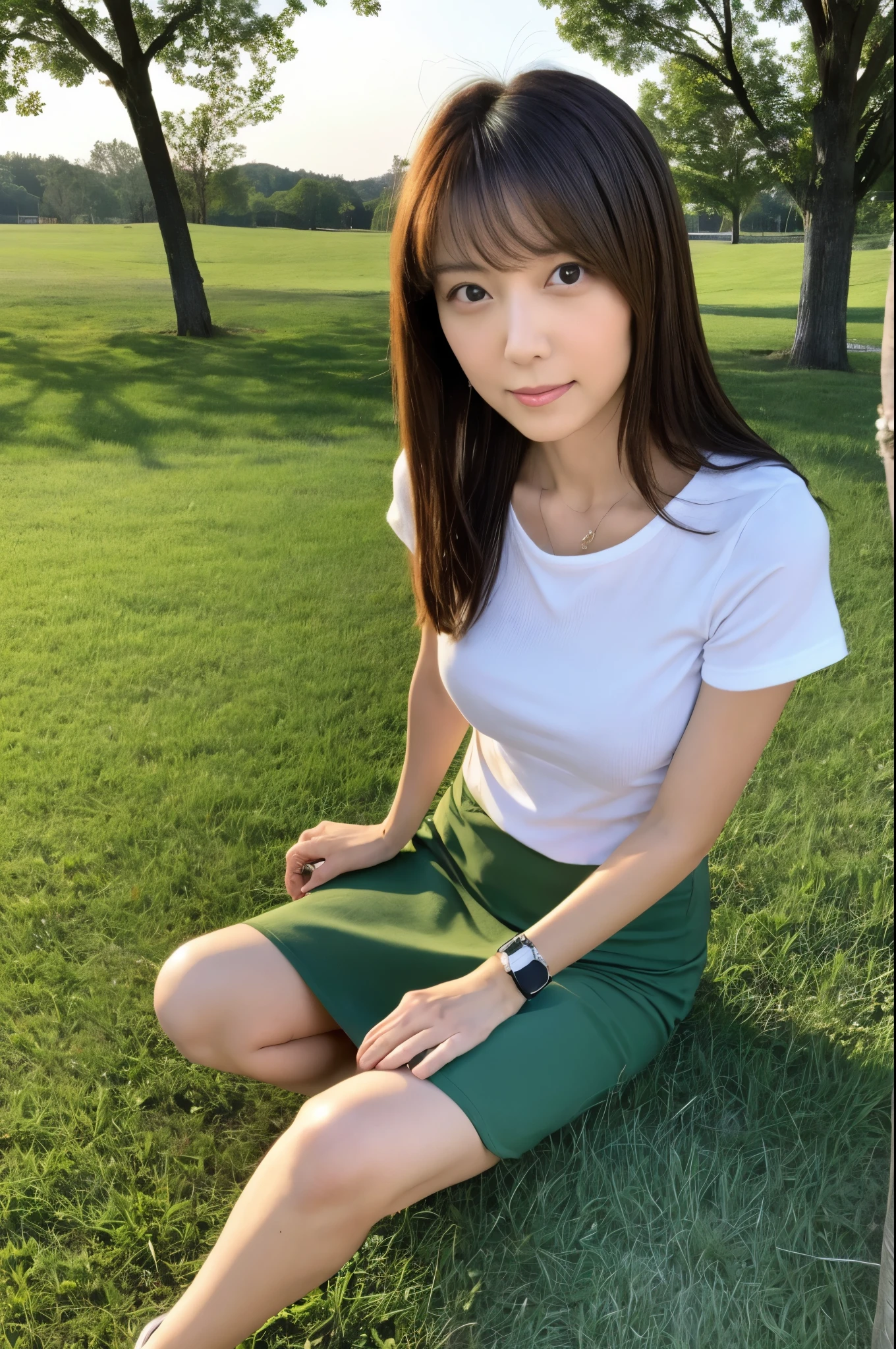 (High reality photograph, high resolusion, detailed face, detailed eyes), Japanese lady, 40 years old, various face expression, solo:1, skinny figure, medium breasts, emphasizing very thin waist, various hair style, Shirt, tight skirt, sitting on the grass in a park, full-body photo, alone in a photo