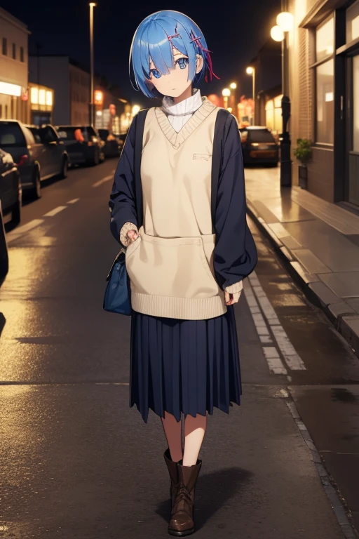 rezeroRemu, Remu, Blue eyes, Blue hair, Hair Ornament, Hair over one eye, hair ribbon, Short hair, x Hair Ornament,long court，muffler，V-neck sweater，Black long skirt，brown short boots，In the street，Winters，yuki，illuminations，BREAK looking at viewer, BREAK (masutepiece:1.2), Best Quality, High resolution, Unity 8k壁纸, (Illustration:0.8), (Beautiful detailed eyes:1.6), extRemuely detailed face, Perfect Lighting, extRemuely detailed CG, (Perfect hands, Perfect Anatomy),