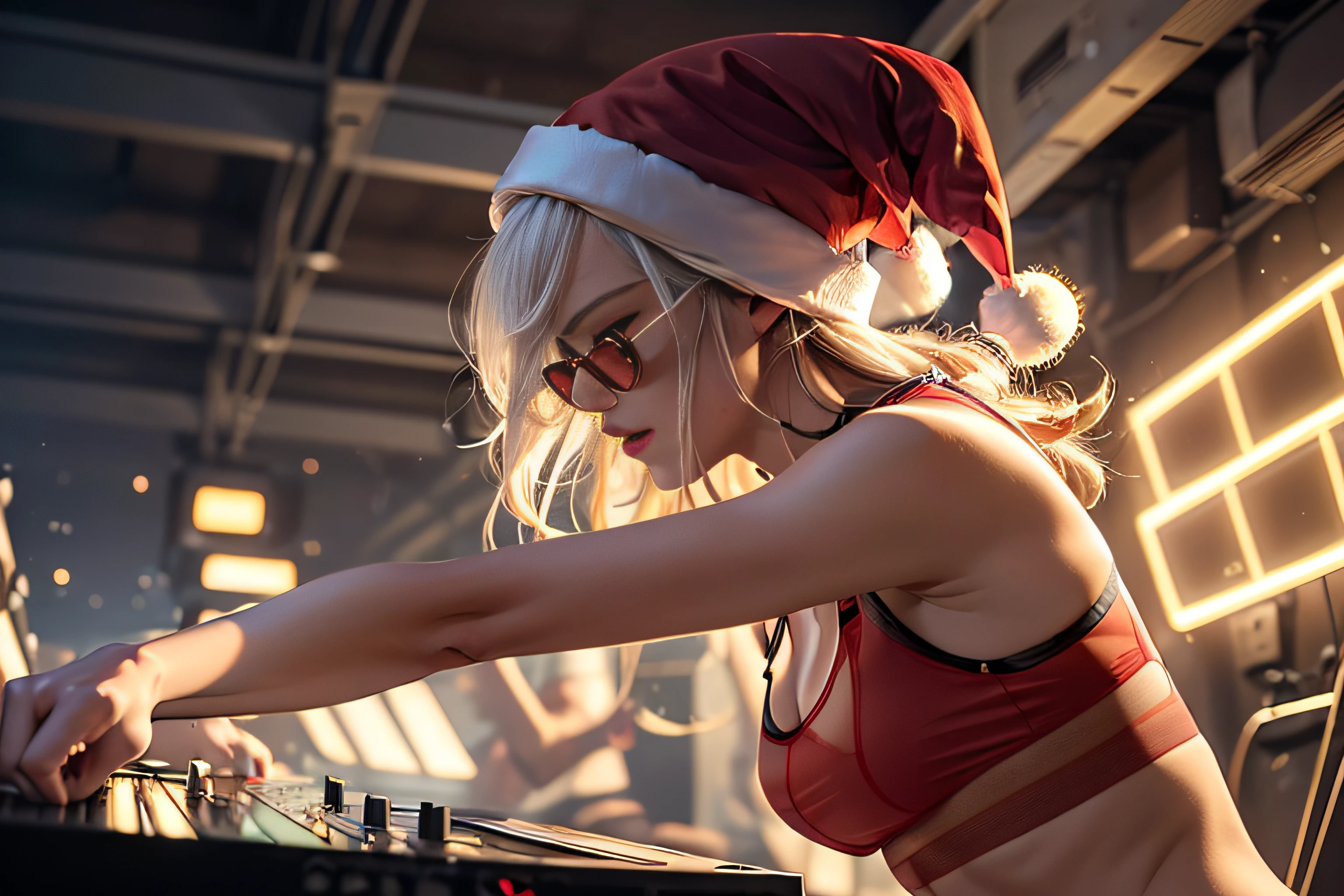 (masterpiece:1.3),(best qualtiy:1.2),8K,Absurde,8K Wall Pupper Unit, (ighly detailed:1.3), highest grade, realist, blured background, Blurry close-ups, (1girl in:1.2),(((she is wearing a red sheer sports bra:1.4))), It's your youth々Emphasizes the curves of the body, Have a y look, (earbuds:1.1),(Neon light:1.1),Mechanical headwear,(((Wearing a Santa Claus hat:1.4))) (mechanical wing:1.1),frown,(Dynamic Pose:1.1),(Floating hair:1.2),(disc jockey:1.2),(Psikoderic:1.2),Dynamic Pose,(electric wires:1.1), (beams of light:1.2),I open my eyes, septum, Smilinusic:1.2), (1 white haired man:1.2), (The man is wearing futuristic sunglasses), In ink, cables, God Lightning,(Inside:1.2),From Side,(musical instrument:0.7),Desperate, Warm, Energetic, Formidable, eletrizante, stimulant,Dynamic ,Thrilling ,Explosive, Awaken, (cluster:1.2),llight rays, Neon light, electric fan, (electricity:1.2), (electronic music:1.1),(Sound Mixing:1.3),