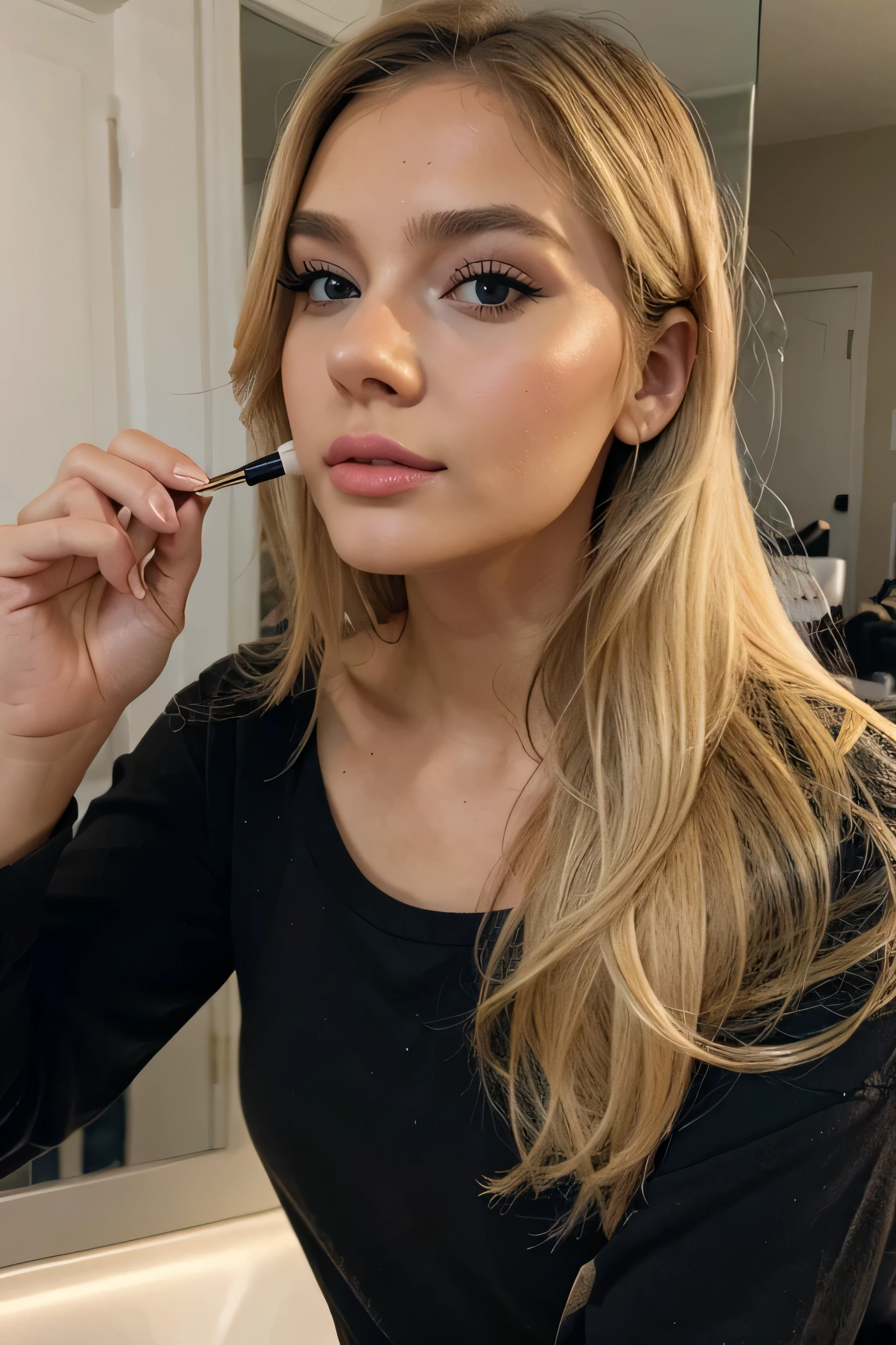 real girl looking strieght blonde and putting makeup