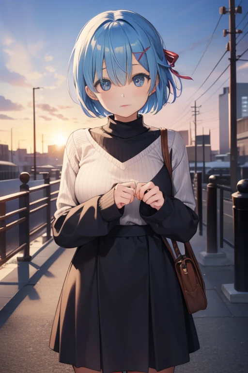 rezeroRemu, Remu, Blue eyes, Blue hair, Hair Ornament, Hair over one eye, hair ribbon, Short hair,Floral hair ornament, x Hair Ornament,long court,muffler,V-neck sweater,Black long skirt,brown short boots,In the street,Winters,yuki,illuminations,BREAK looking at viewer, BREAK (masutepiece:1.2), Best Quality, High resolution, Unity 8k壁纸, (Illustration:0.8), (Beautiful detailed eyes:1.6), extRemuely detailed face, Perfect Lighting, extRemuely detailed CG, (Perfect hands, Perfect Anatomy),
