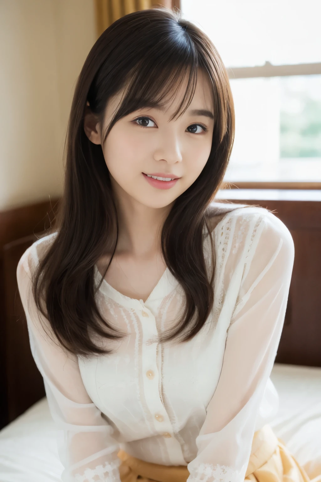 masterpiece,best quality,(Japanese ),((Beautiful girl)),cleavage,indoor,(perfect body beauty:1.2),(shy smile),beautiful teeth,