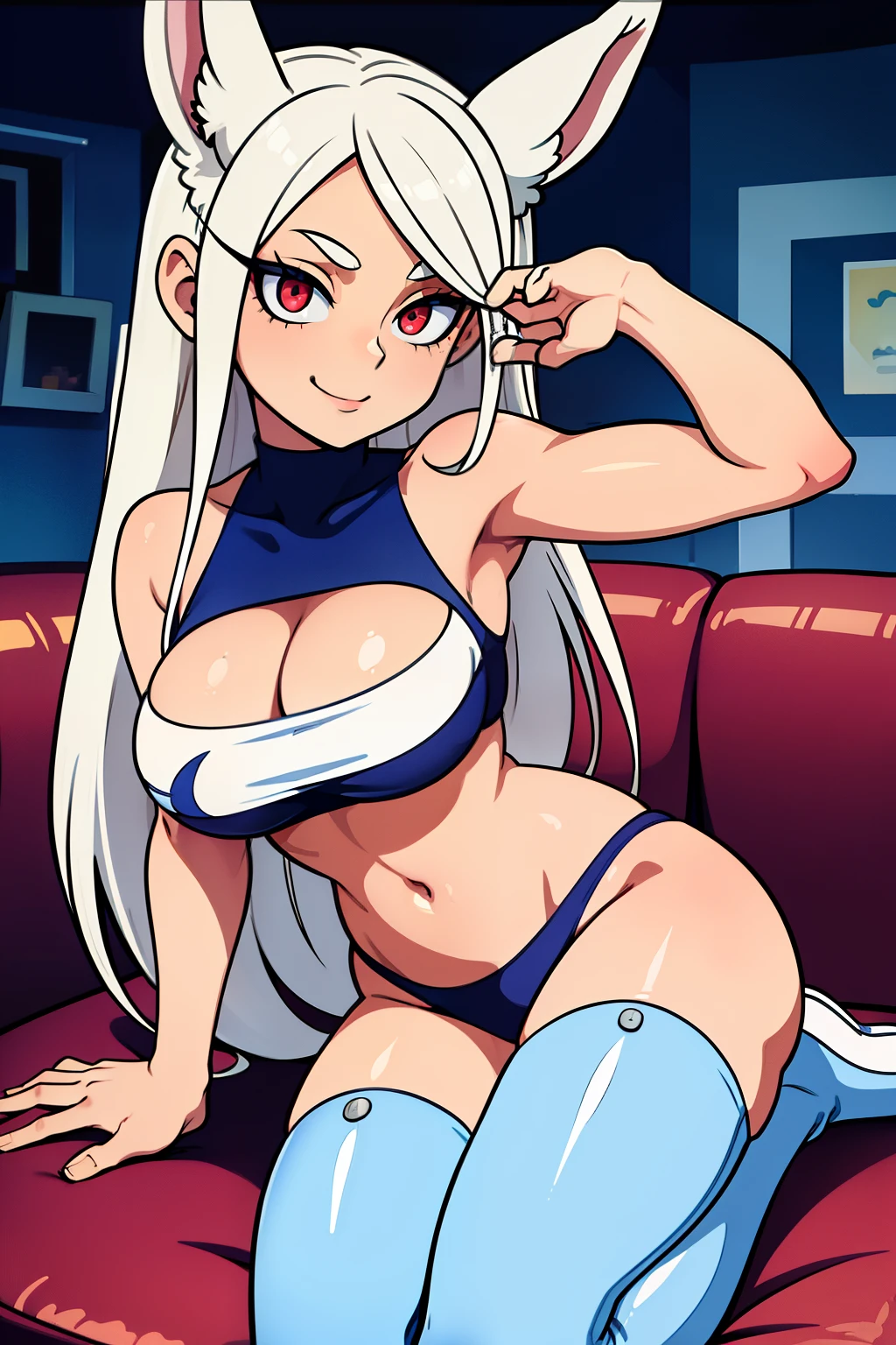 Cute girls,ojos rojos redondos, cabello blanco、orejas de conejo,sexy、sonriendo,Peinado liso medio a largo、(Bigboobs,lleva una lenceria azul,En una casa de alquiler,sitting on the couch,Noche,estaba lloviendo afuera,Upper body is wet.,cuerpo entero,lleva unos leggins rojos,bulto en la entrepierna