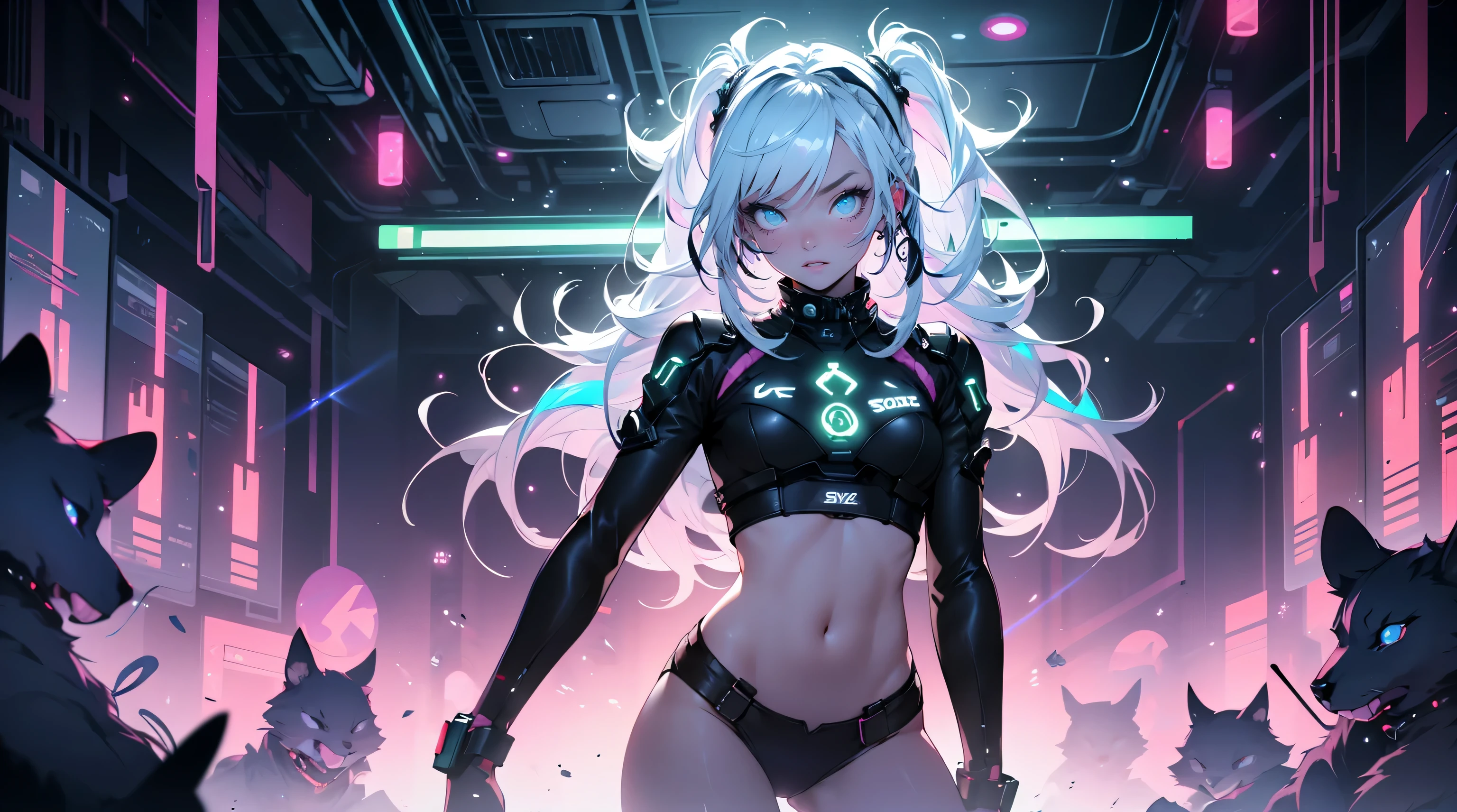 closeup, looking at the viewer, two pretty girls elves, no clothes, no pants, beautiful girls, cute face, long long hair, space buns, neon hair, colored hair, an underground rave, party, electronic lasers, future, black cats, Full Body, Attractive, Revealing, futuristic, strobe lights, standing, dancing, sound speakers, cluttered scene, detailed, pseudo attractive, magical energy balls,