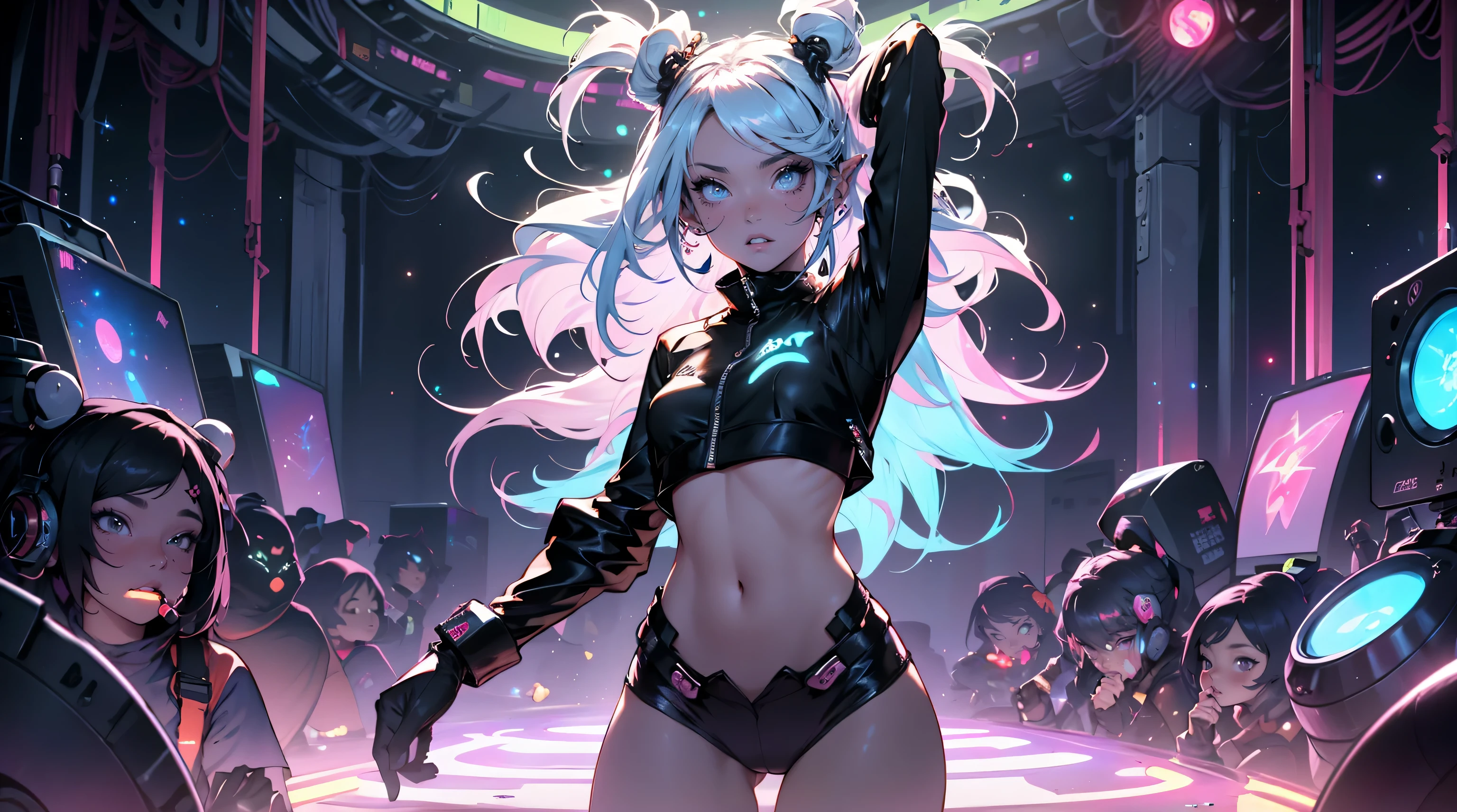closeup, looking at the viewer, two pretty girls elves, no clothes, no pants, beautiful girls, cute face, long long hair, space buns, neon hair, colored hair, an underground rave, party, electronic lasers, future, black cats, Full Body, Attractive, Revealing, futuristic, strobe lights, standing, dancing, sound speakers, cluttered scene, detailed, pseudo attractive, magical energy balls,
