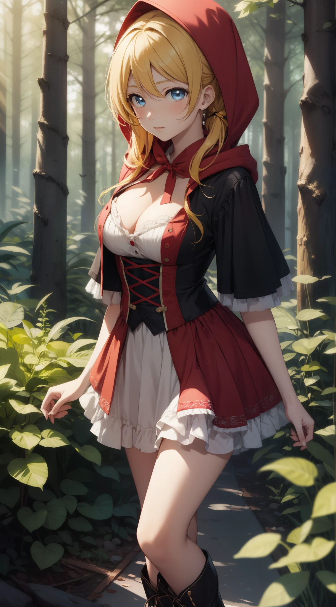 eliayase, eli ayase, yellow hair, blue eyes, ponytail, hair ribbon, masterpiece, best quality, high resolution, unity 8k wallpaper, illustration, beautiful detailed eyes, perfect lighting, extremely detailed CG, perfect anatomy, little red riding hood, forest, boots, cleavage