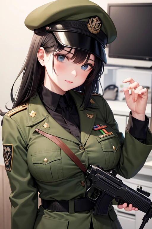 Military Uniform, Black Hair, Breast, Military Cap, Gun
