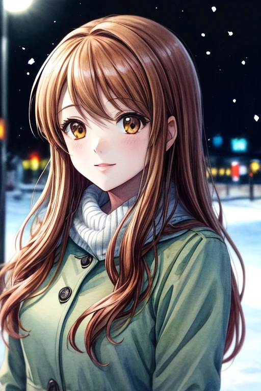 radiance, soft contours, detailed background, bright colors,
1girl, watercolor, kyoani haruhi style, Asahina Mikuru, long brown hair, snow,  half body portrait, pastel colors, ink, cold winter lights, watercolor background