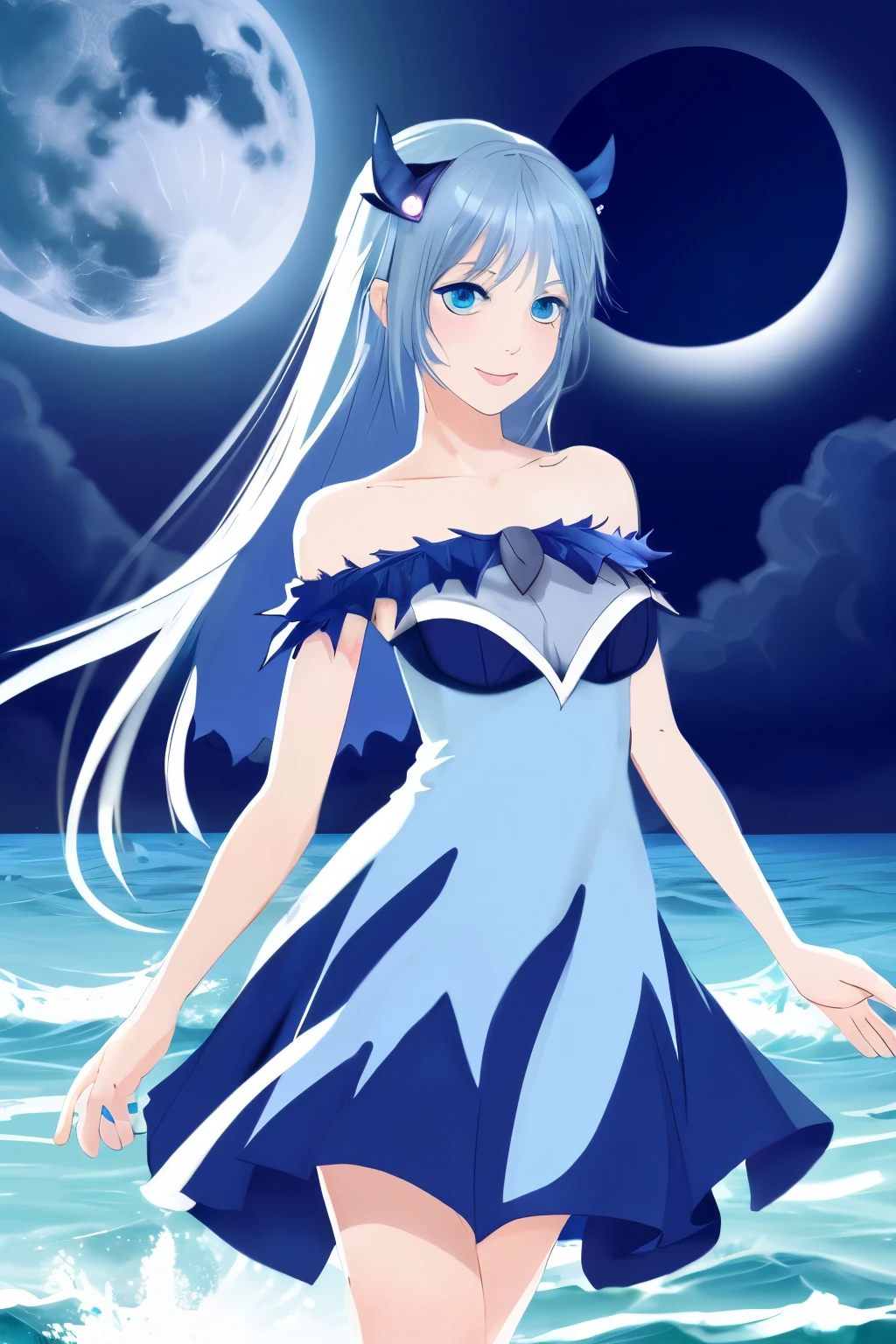 extremely detailed eyes and face perfect anatomy blue girl anime fantasy sea moon full body image eyes shine soothing smile