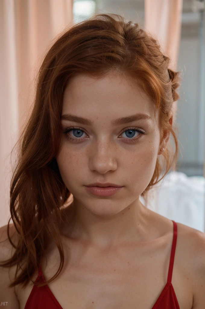 UHD, Masterpiece, textured skin, super detailed, high quality, award wining, best quality cinematic lighting, sadie sink, freckle, actress, sexy girl, sexy underwear, red hair, (blue-eyed girl), highly detailed glossy eyes, light smile, portrait photo of a 18-year-old girl sitting on the bed, small breasts, (looking at the camera), specular lighting, dslr, ultra quality, sharp focus, tack sharp, dof, film grain, (centered), Fujifilm XT3, crystal clear, center of frame, cute face, sharp focus, detailed skin pores