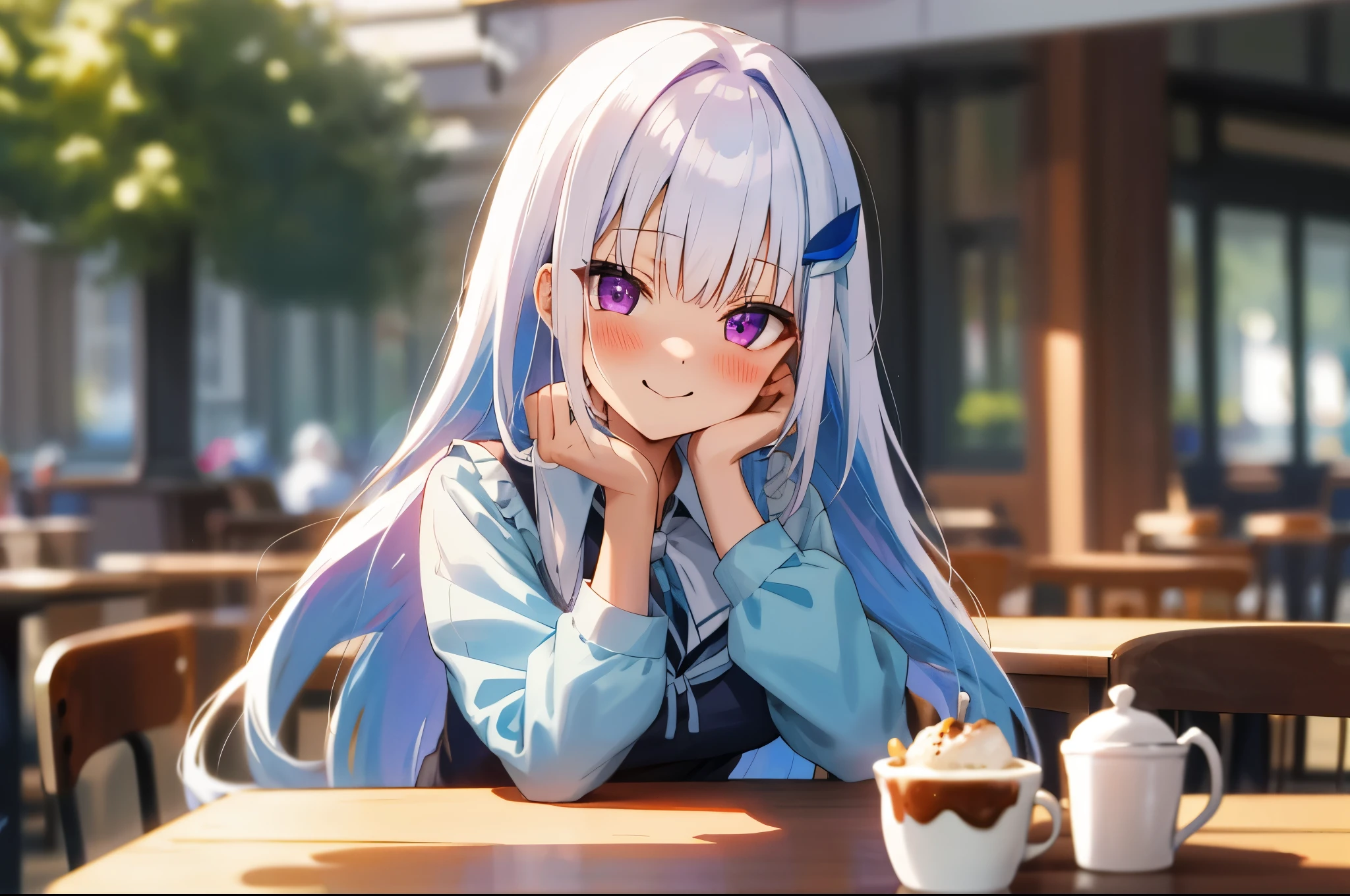 One girl with long hair, bangs, white hair, blue inner hair:1.25) , purple eyes, looking at viewer, blushing, little smile, outdoor, cafe, table, sitting, white shirt, bowtie, school girl, mid-chest, day atmosphere, hair ornament, medium breasts, upper body, focus, blurry background, food, hands in face