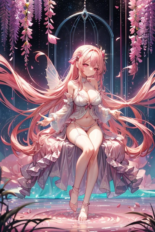 (pink candles and pink flowers)(pink space with pink candles)、beautiful pink atmosphere, 美しいピンク色の花とPink crystal, Gorgeous pink setting, luxury pink wedding, very magical and dreamy, The setting of a fairy tale:, Beautiful pink atmosphere,pink flower decoration, Dramatic and beautiful pink lighting, dramatic theme, Heavenly dramatic pink lighting, Richly decorated, pink chandelier, Gorgeous atmosphere, romantic theme、,Single Side Rock Hairpin Blush Modern Cinematic Lighting,Ray tracing,Drop Shadow Wide Shot UHD,Textured skin,高いdetaileds,Top quality 4K、best qualtiy,tmasterpiece,超A high resolution,(真实感:1.4),RAW photogr,Pink light,1girll,(Sexy big),ssmile,long pink hair,(Pink eyes)、Pink hair ornament,(Slender Leg,cross leg), (Pink string lingerie,Transparent pink lingerie、pink sheer lace lingerie),beautiful goddess,detailedsなシーン, painting-like, beautiful goddess,detailedsなシーン, beautiful digital illustrations, detaileds,超detaileds, cinematic quality, (Beautiful and beautiful big breasts)((((A large amount of pink flowers floating in a pink lake々))))、(((large amount of pink wisteria flowers)))Pink light、pink colored lights、princess carry, full bodyesbian, See-through sexy lingerie, Transparent Lingerie、Sheer lingerie、big nipples、pink nipples、Pink areola、Large breasts, masutepiece,clitoris、Best Quality, きわめてdetaileds、Open legs、opens legs、Spread your legs、Float your hips、throw one's legs out、huge tit、thigh、Are sleeping、frombelow、best body、Best style、Perfect style、Beautie、Beautuful Women、The most beautiful in the world、hime-cut、(Lots of pink flowers on the head)、princess carry、Pink crystal、pink gemstone、pink glitter、(((submerged in pink liquid)))