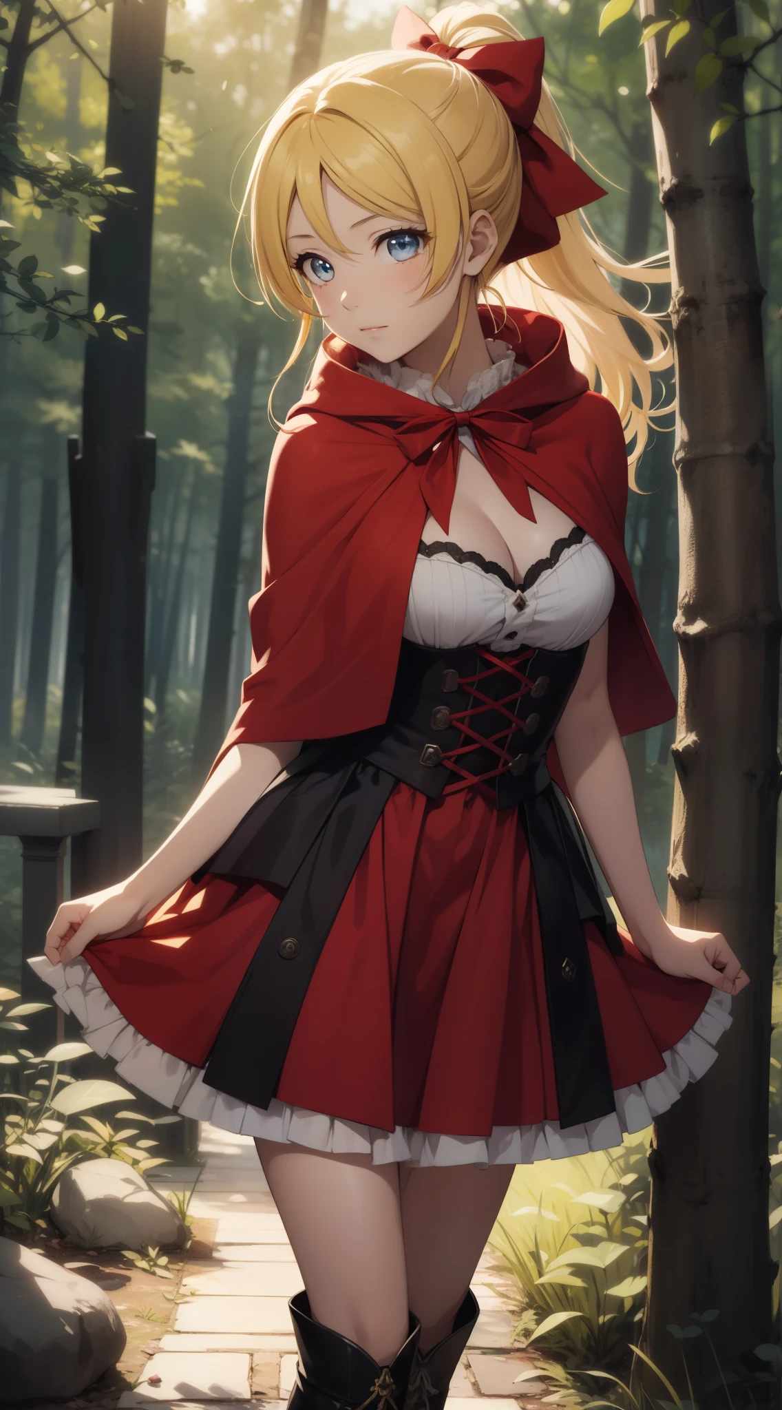 eliayase, eli ayase, yellow hair, blue eyes, ponytail, hair ribbon, masterpiece, best quality, high resolution, unity 8k wallpaper, illustration, beautiful detailed eyes, perfect lighting, extremely detailed CG, perfect anatomy, little red riding hood, forest, boots, cleavage