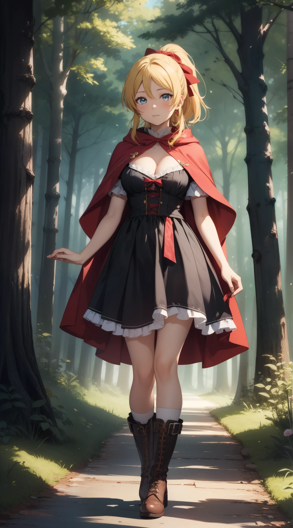 eliayase, eli ayase, yellow hair, blue eyes, ponytail, hair ribbon, masterpiece, best quality, high resolution, unity 8k wallpaper, illustration, beautiful detailed eyes, perfect lighting, extremely detailed CG, perfect anatomy, little red riding hood, forest, boots, cleavage