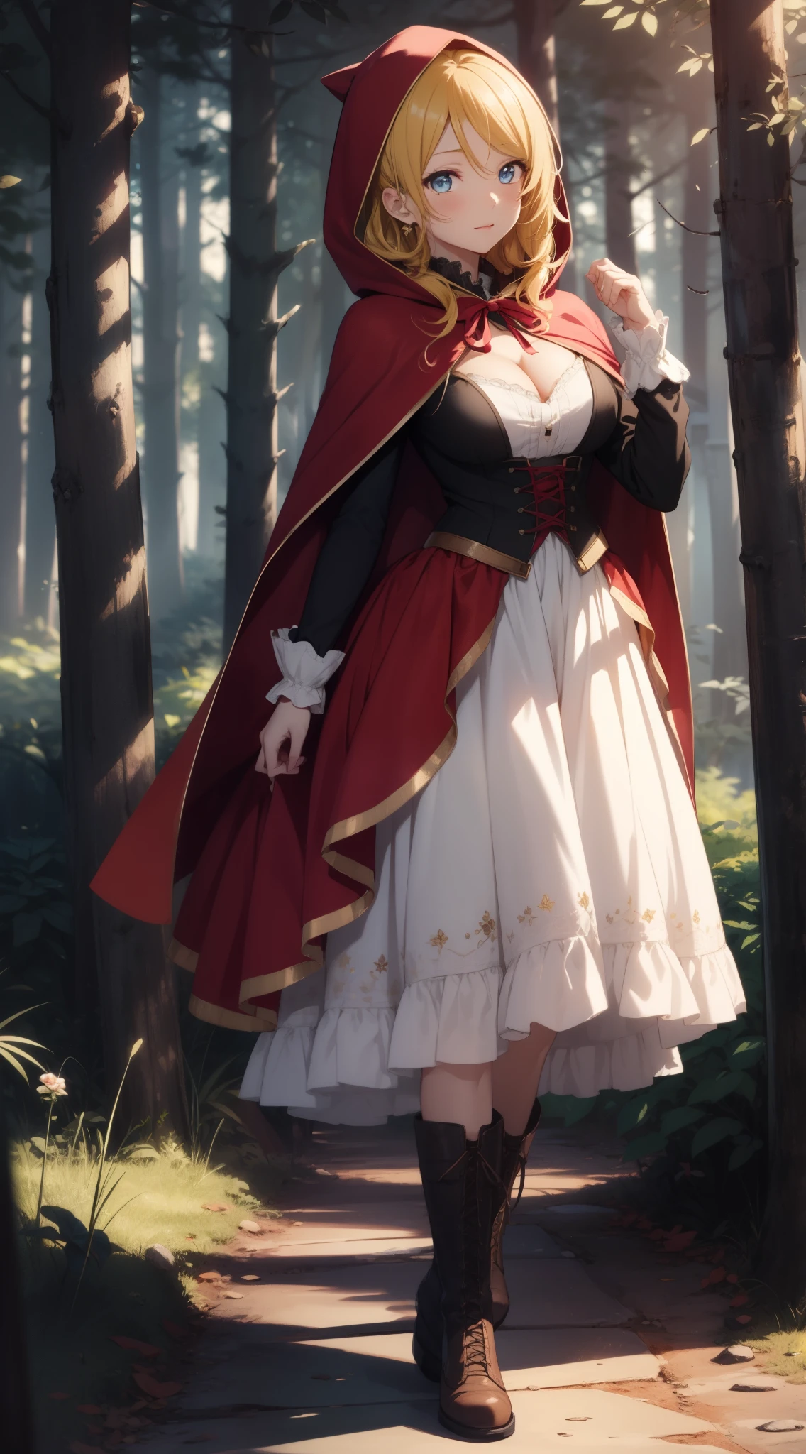 eliayase, eli ayase, yellow hair, blue eyes, ponytail, hair ribbon, masterpiece, best quality, high resolution, unity 8k wallpaper, illustration, beautiful detailed eyes, perfect lighting, extremely detailed CG, perfect anatomy, little red riding hood, forest, boots, cleavage