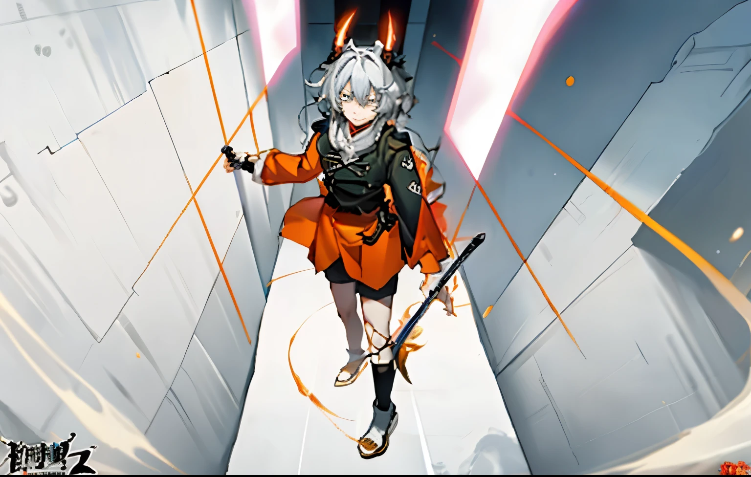 Anime girl holding sword and sword in corridor, Clean anime silhouette, clean line art, 对称!! concept-art, line art, sharp line art, Animated, Anime keyframes, Demon Slayer: Rui fan art,  line art, heroes 2d fan art artstation, bold line art, 强烈的line art, Pathological complexities, laser wiping, Line!!, variable line art