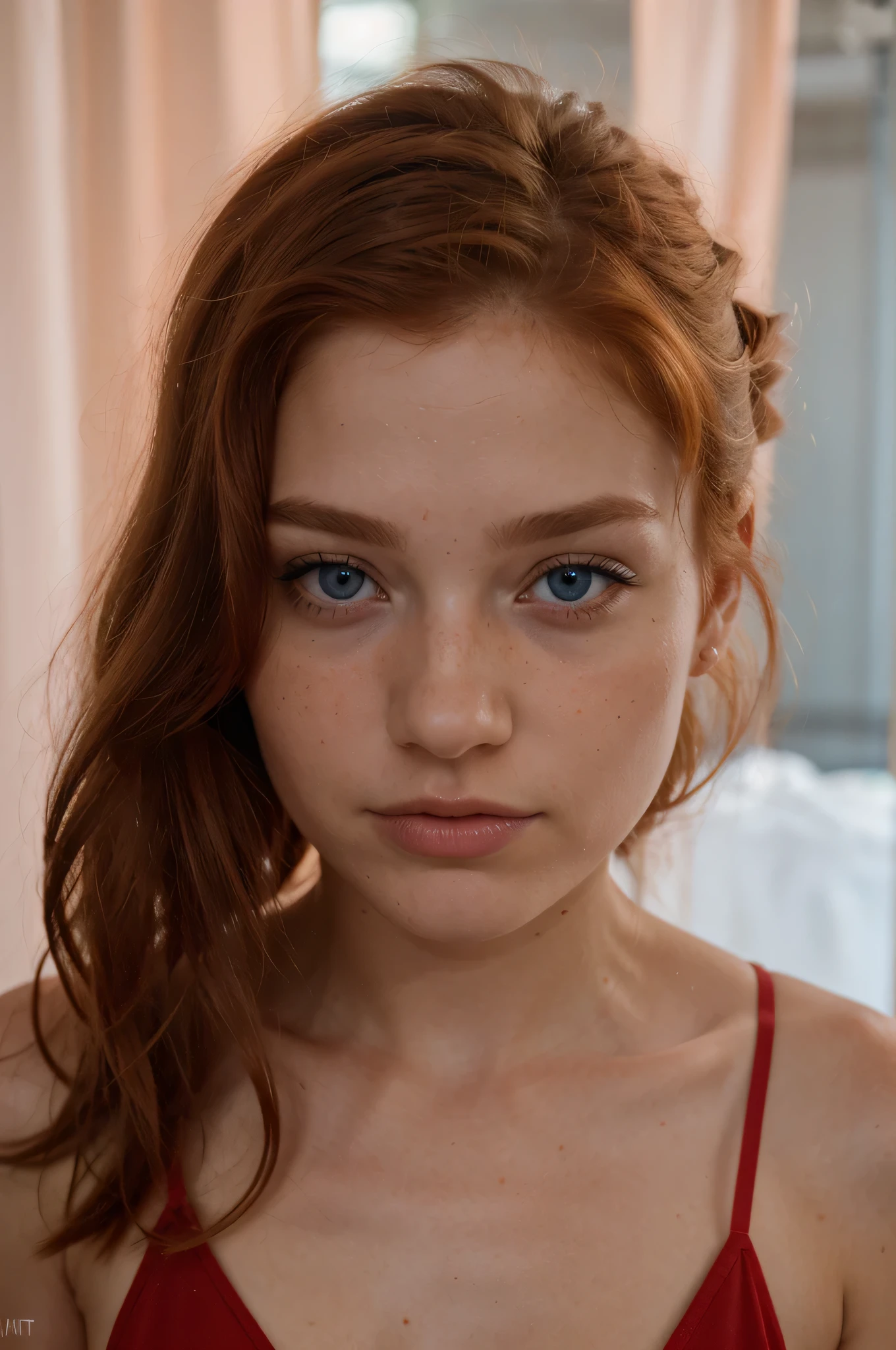 photo of a ginger woman, in Sweden, red party dress, (freckles:0.8) cute face, detailed eyes, blue eyes