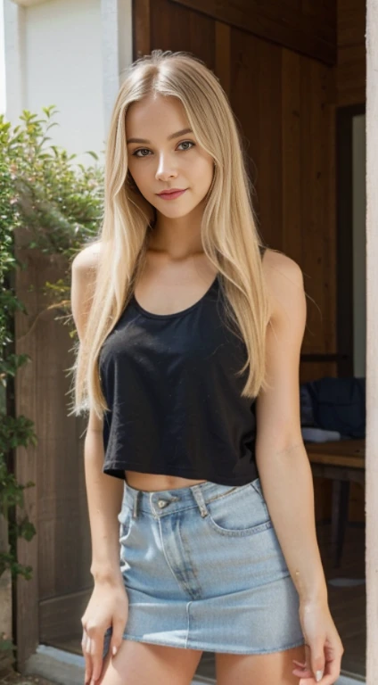 Cute Girl. beauty woman. Shy pose.  shape. White tank top. Mini skirt jeans. About her daily life outdoor activities. Long straight blonde hair.very beautif . Long legs.