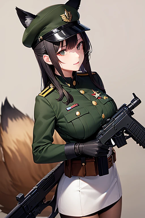 1girl, animal ears, assault rifle, black gloves, fox ears, fox tail, gloves, green hair, green tail, gun, helmet, large tail, long hair, multiple tails, pantyhose, pouch, solo, tail, trigger discipline, ((masterpiece)), (best quality), (black military uniform:1.3), from aside, from left aside, 3 fox tail