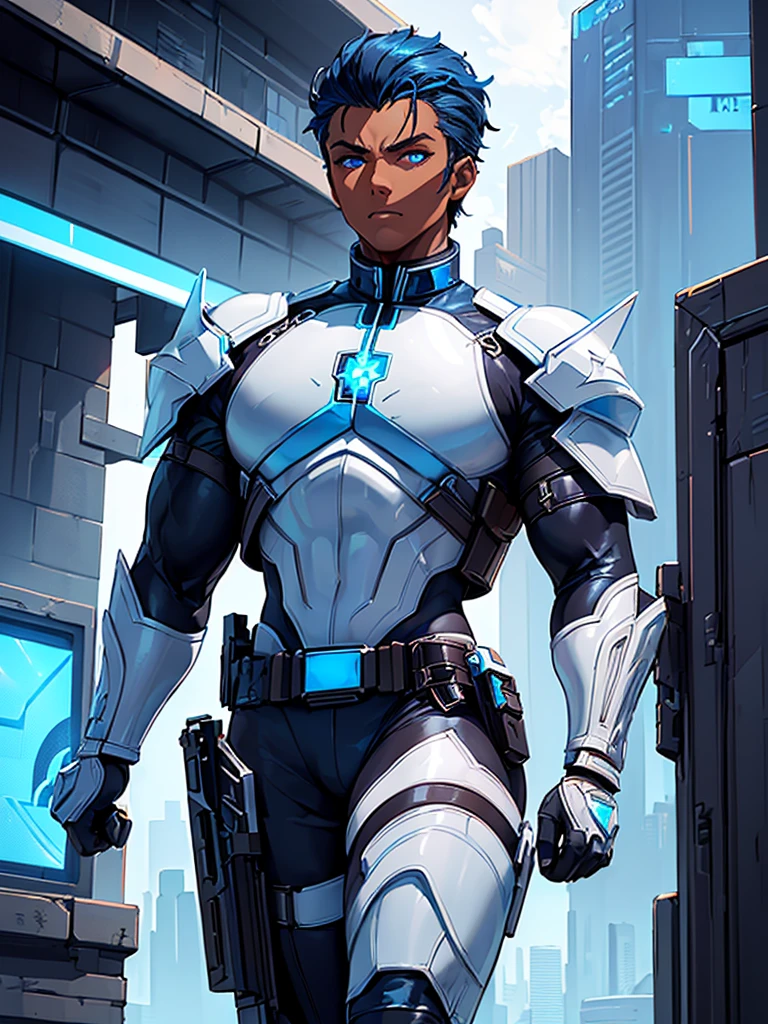 ((Best Quality)), ((Masterpiece)), (Detail: 1.4), Intricate details, Cinematic lighting, Sharp focus, Detailed face, Cyberpunk man with black hair, (Dark skin:1.4), Cybernetic blue eyes, (White and blue commando outfit:1.5), Tall man, (holster:1.4), Cyberpunk city, Elevated roads, Futuristic plaza,