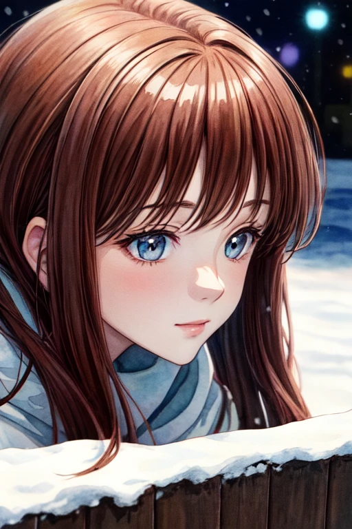 radiance, soft contours, detailed background, bright colors,
1girl, watercolor, kyoani style, long reddish brown hair, snow, half body portrait, pastel colors, ink, cold winter lights, watercolor background