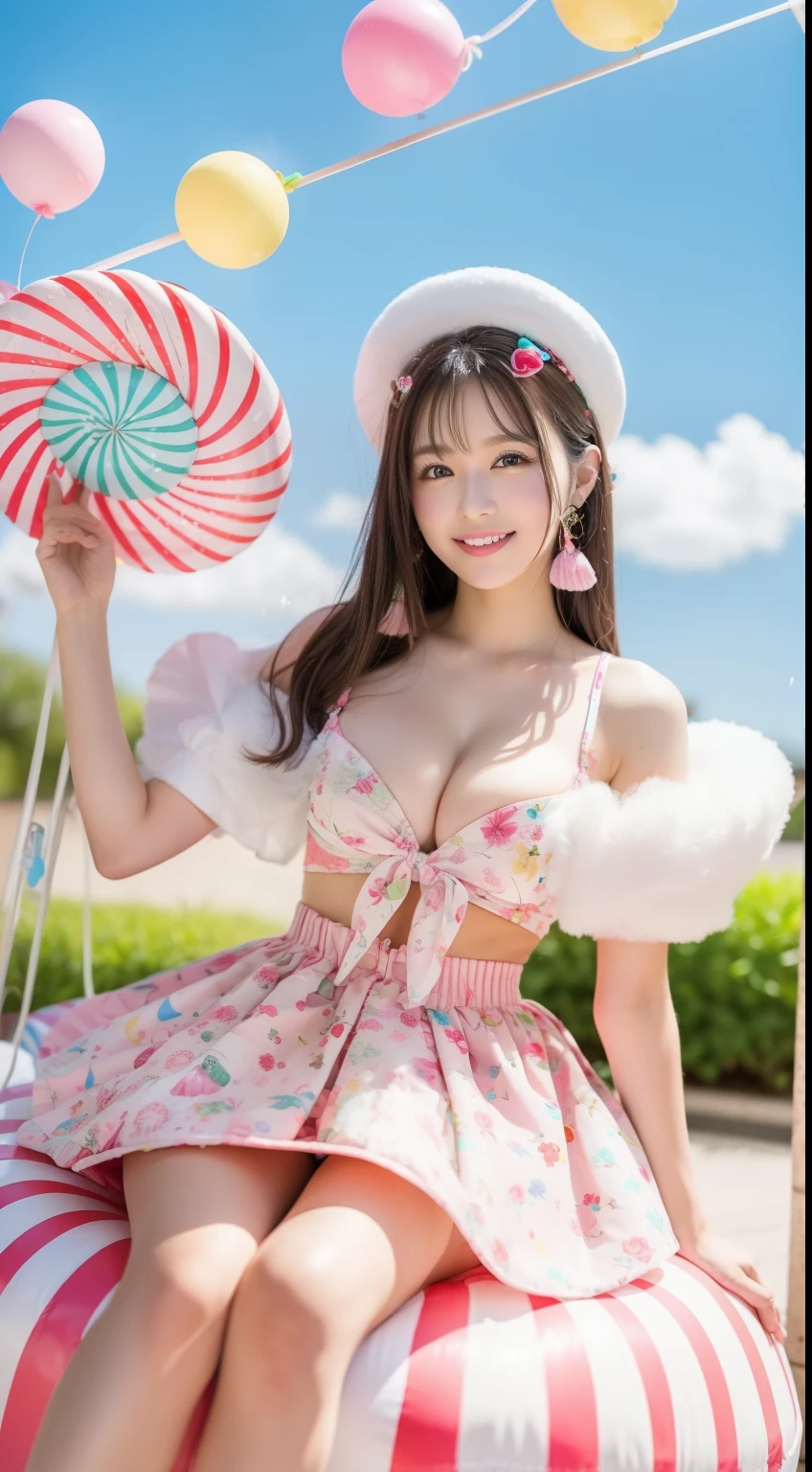 Fashion: Dress up in a colorful ensemble reminiscent of candy wrappers, Cleavage in bright pastel colors and playful accessories、Colossal tits、sixteen years old. 2. Pose: Pose whimsically while holding a giant lollipop, Show off a carefree and fun attitude. 3. Background: Pose in front of a candy-themed background filled with oversized candies, cotton candy clouds, and Candy Cane Tree. 4. Candy Throne: Sit on a candy-style throne made with oversized gum drops, Surrounded by candy treasures. 5. Cupcake Delight: Lean on a giant cupcake prop, Please wear clothes that match the color and frosting of the cupcake. 6. Rainbow Pathway: Walk along a rainbow path made of candy pieces, Exudes surprise and excitement. 7. Candy Rain: With colorful umbrella「Candy Rain」Capture the moment of, Standing under a shower of falling candies. 8. giant cream corn: Pose beside a giant cream cone prop, A costume with a distinctive cream corn pattern and color.. 9. Candy Wonderland Swing: Playfully swing in candy cane swing in dreamy landscape of candy tree and candy floss clouds. 10. Gummy Bear Garden: Sit in the garden of oversized gummy bears, Wearing gummy bear-themed costumes to match the colors of the candy garden