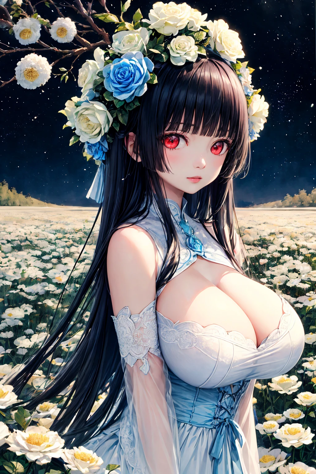 (absurd res, A high resolution, ultra - detailed, hyper HD, Cinematic), Alone, 1个Giant Breast Girl, mature, Happy,hime cut,black long hair,red eyes, (huge breasts:1.5),girl standing in light blues flower field, light blues flower petal surrounding girl, full bodyesbian, Blue long-haired girl, light blues hair, fanciful, dream-like, Snowy Land, offcial art, trending art, contours, ultra - detailed face, ultra - detailed eyes, light blues flower field, ultra - detailed field, The white blue sky, Cold, light blues, The white,  Nebula in the sky, 紫rose,blue tree, aquarelle, pastel colour