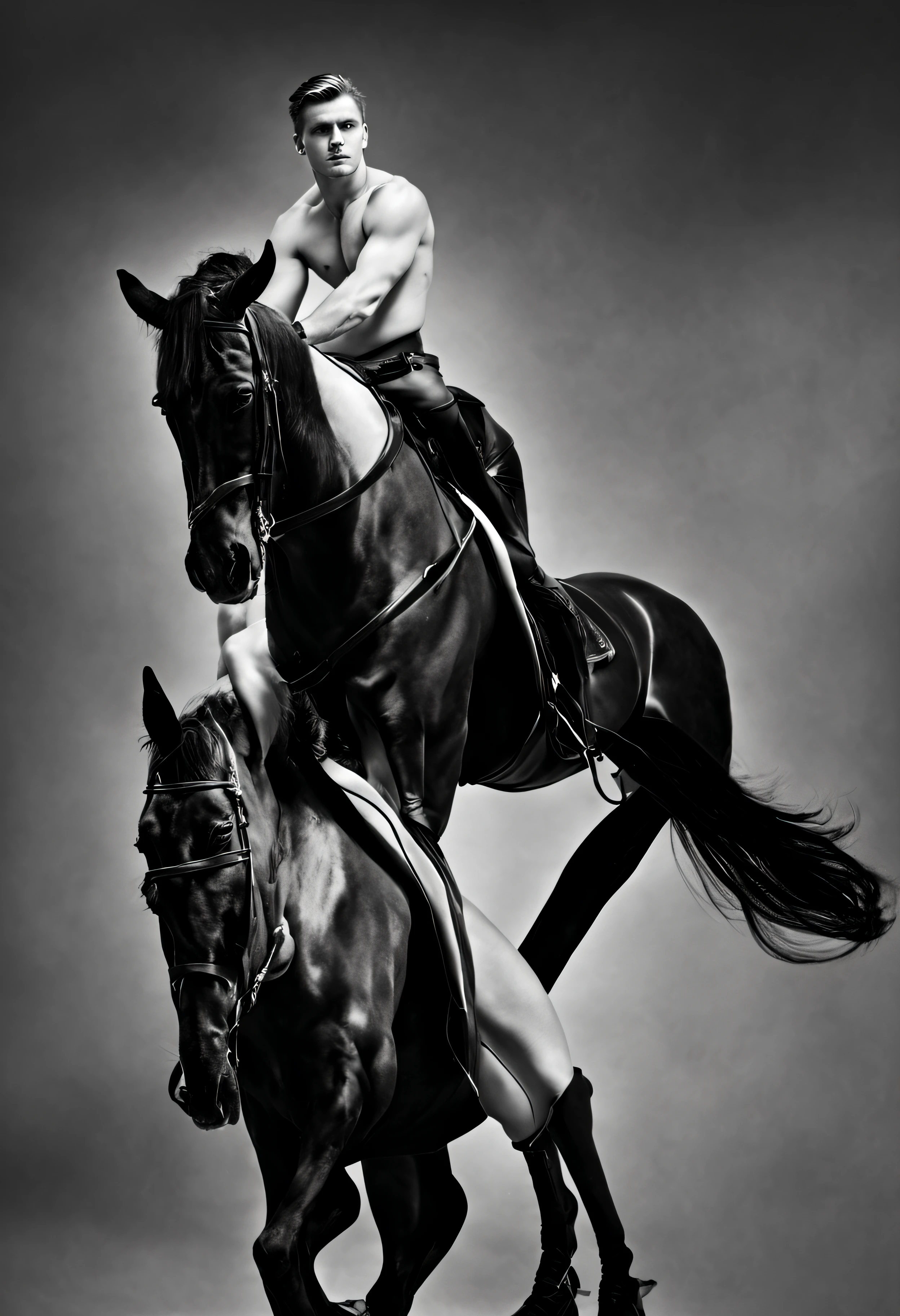 Black and white fashion photo of tall blonde undressed nude guy riding black horse. black leather boots only, bare skin