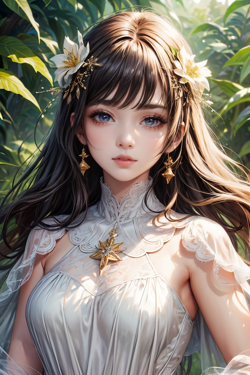 (best quality,8K,CG),detailed upper body,solitary girl,floral forest background,complex facial features,elegant long curly hair,almond-shaped big eyes,detailed eye makeup,long eyelashes,twinkling stars,exquisite lip details,soft and harmonious style.